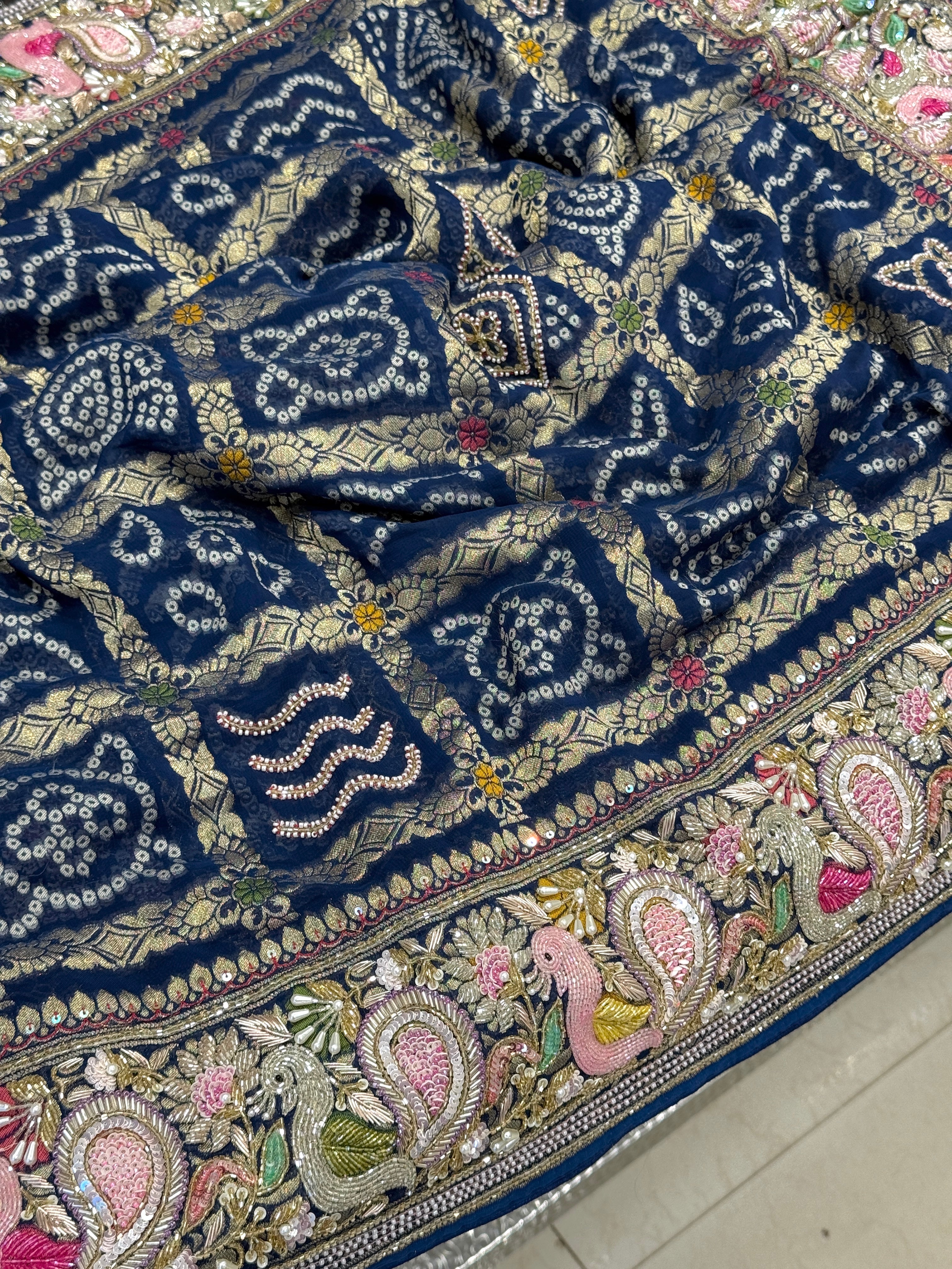 Blue Gharchola Moti Sequin Zardosi Hand Embroidery Georgette Saree