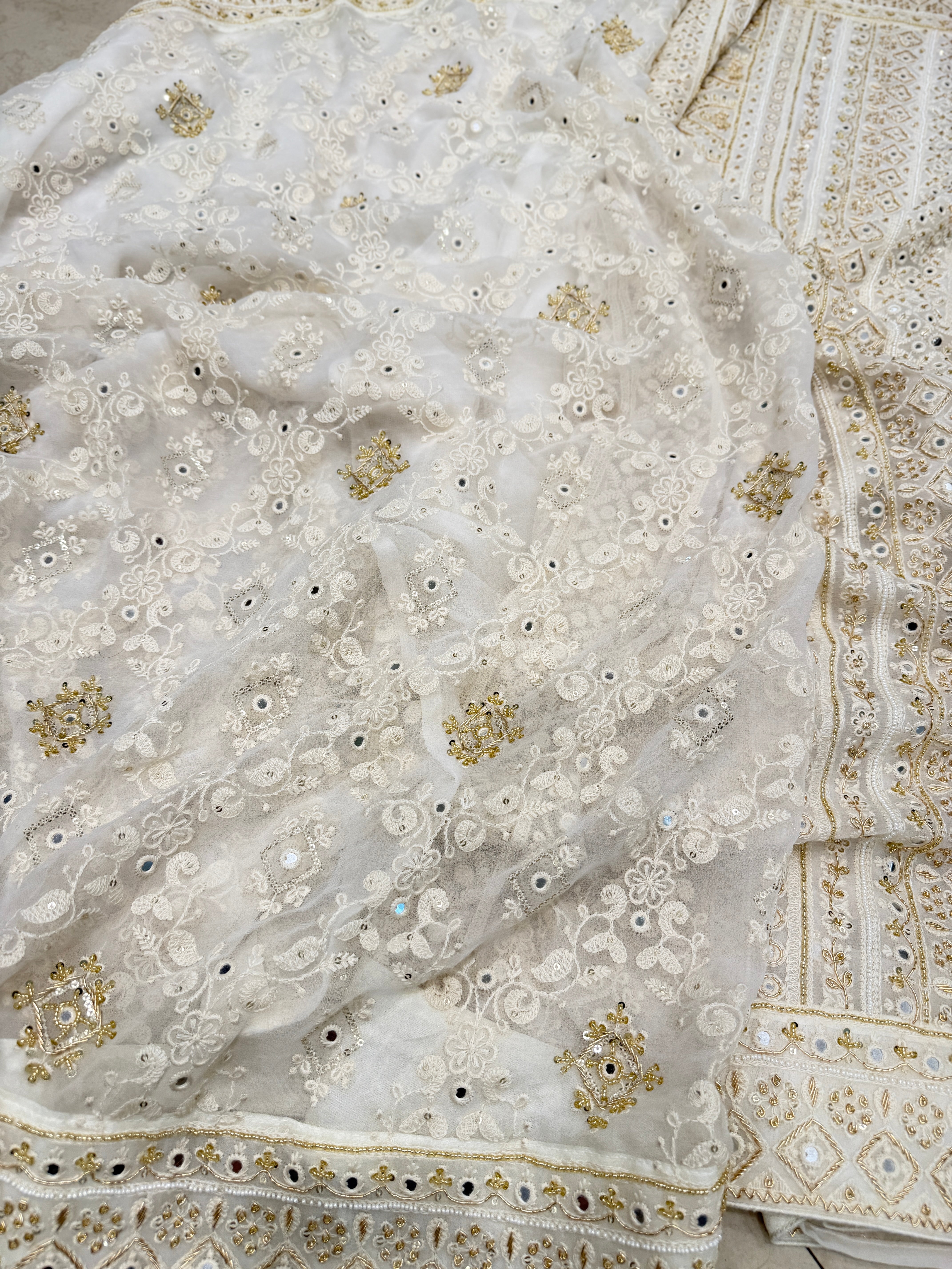 White Chikankari Zardosi Moti Hand Embroidery Saree