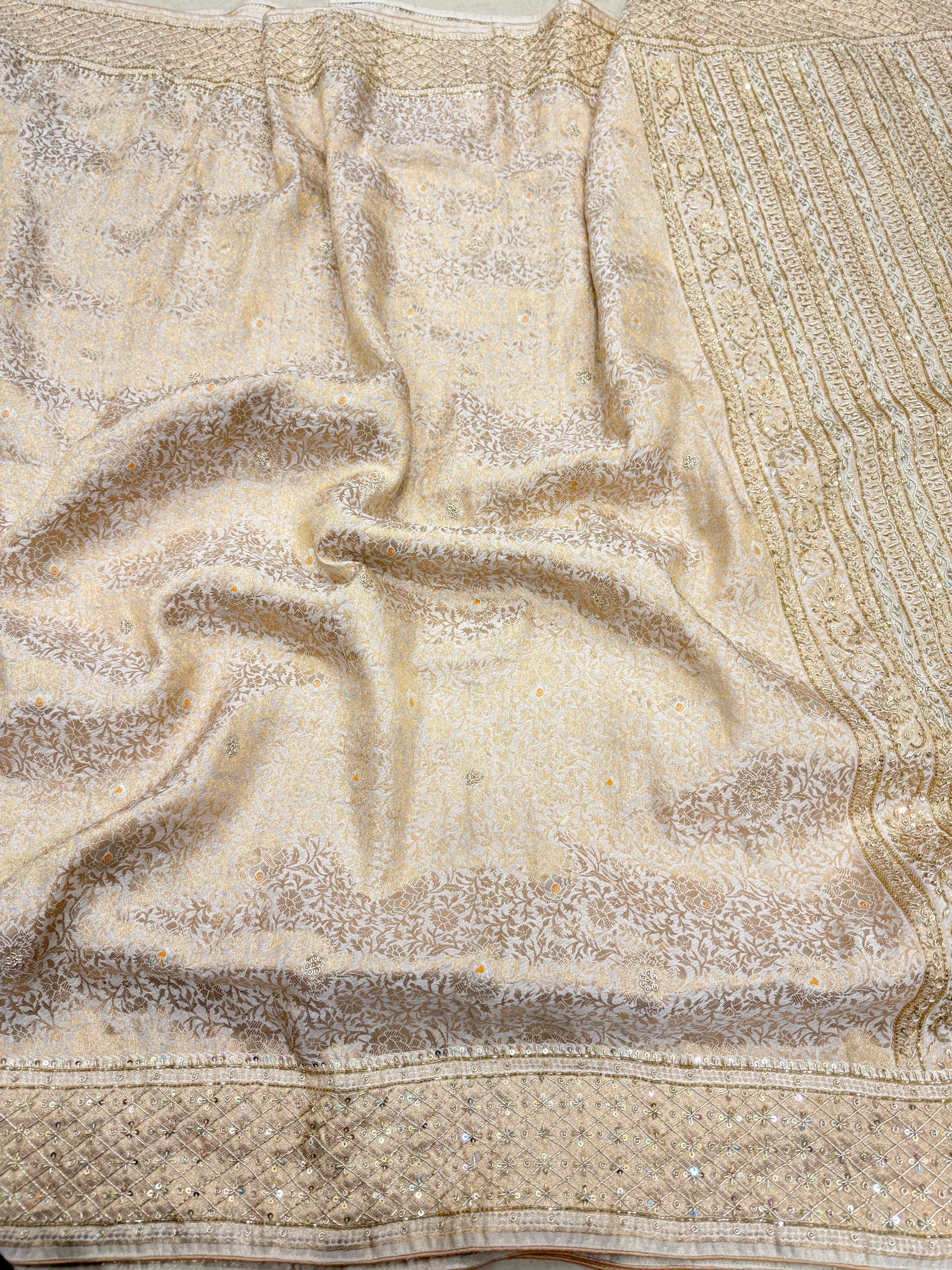 Beige Banarasi Crepe Tissue Zardosi Hand Embroidery Saree