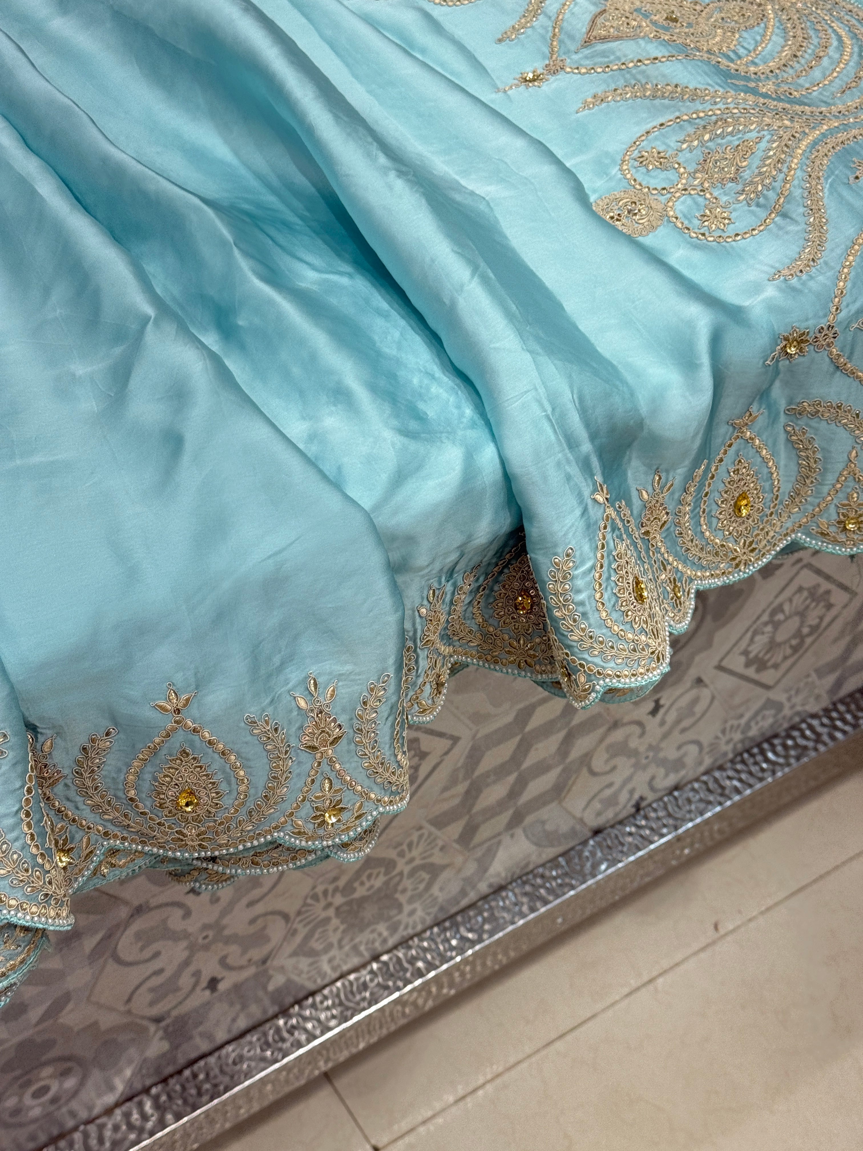 Blue Satin Organza Zari & Thread Embroidery Saree