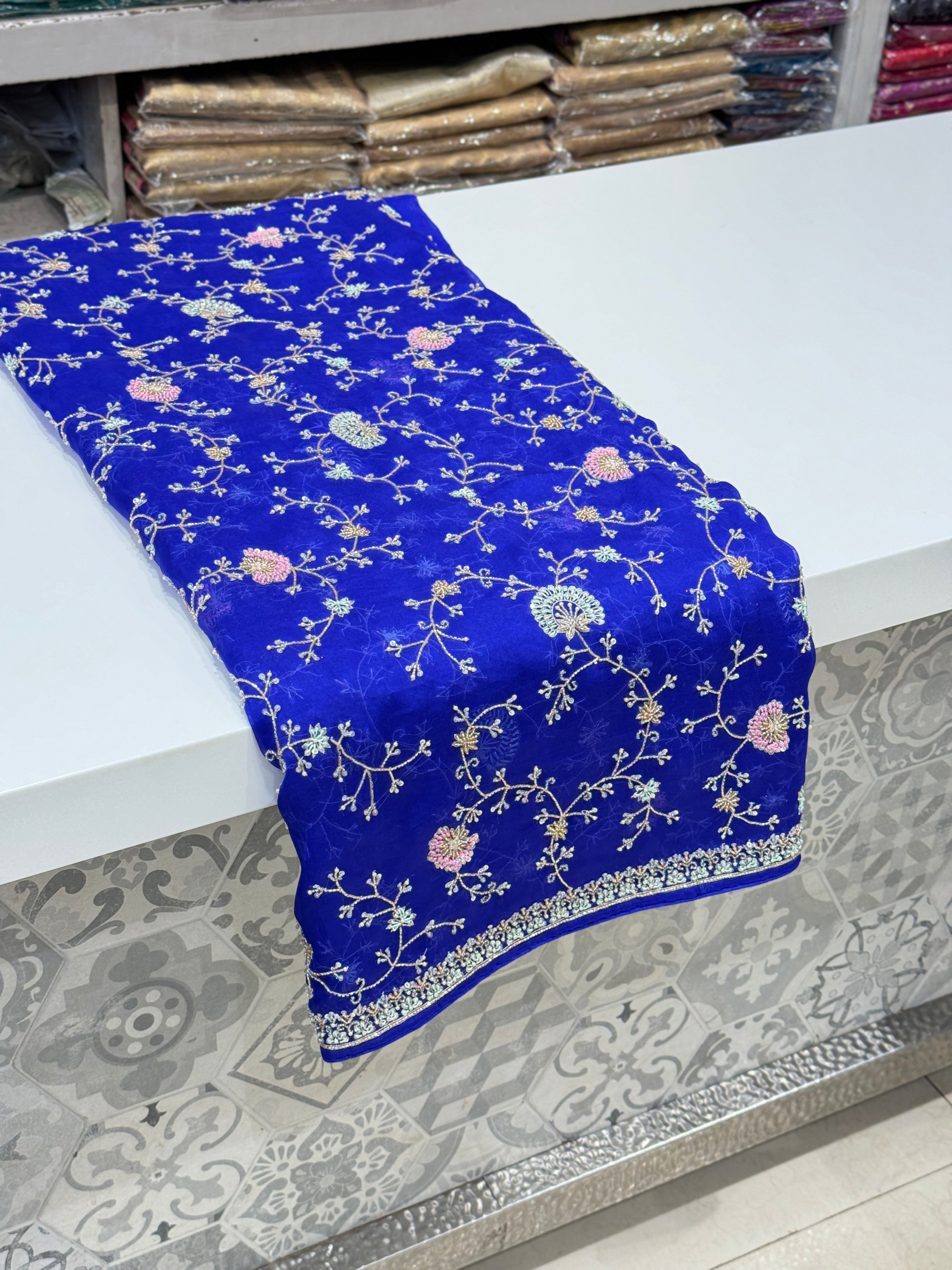 Royal Blue Organza Hand Embroidery Saree