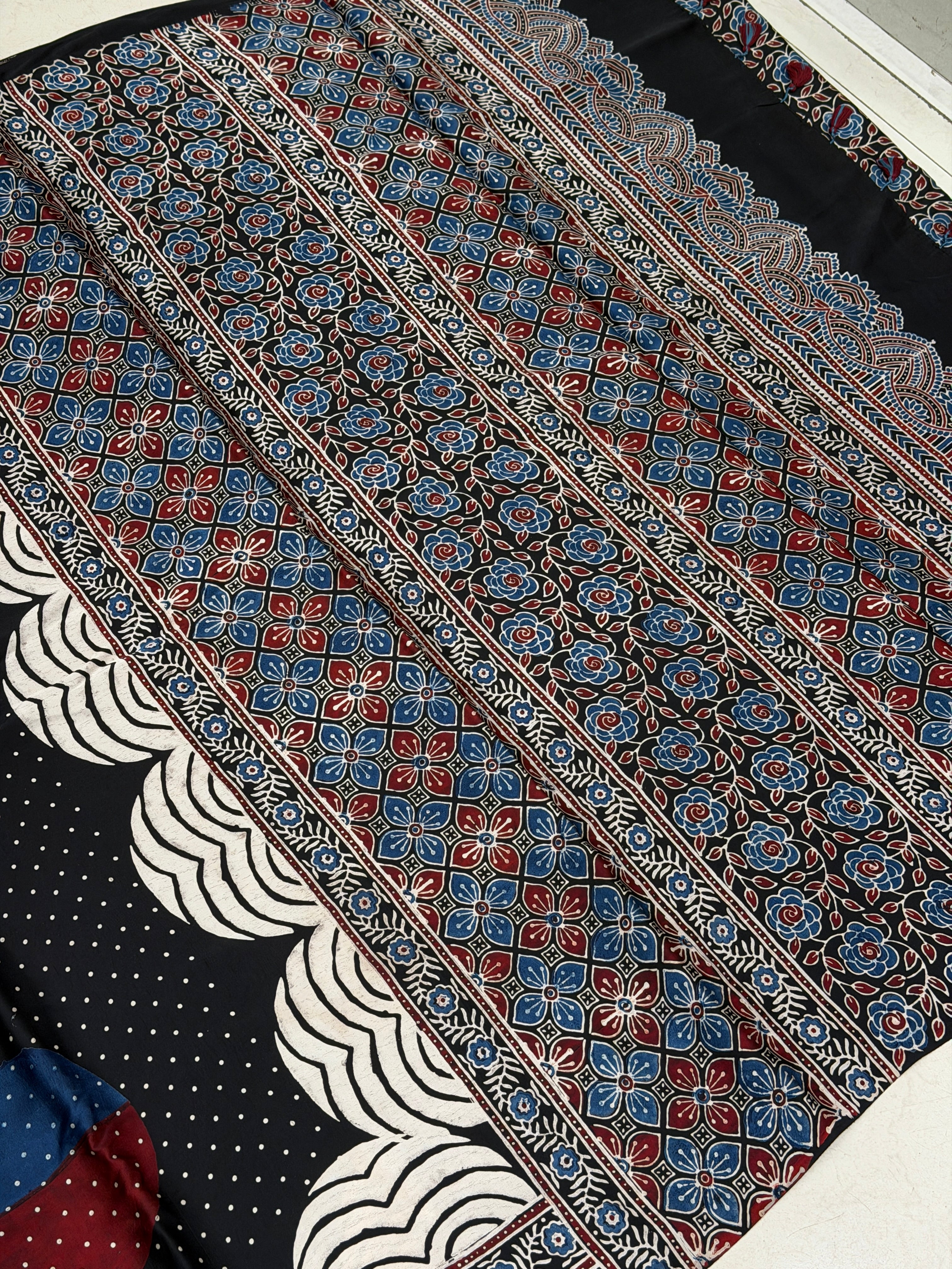 Black Sprinkled Dotts Ajrakh Hand Block Print Pure Modal Silk Saree