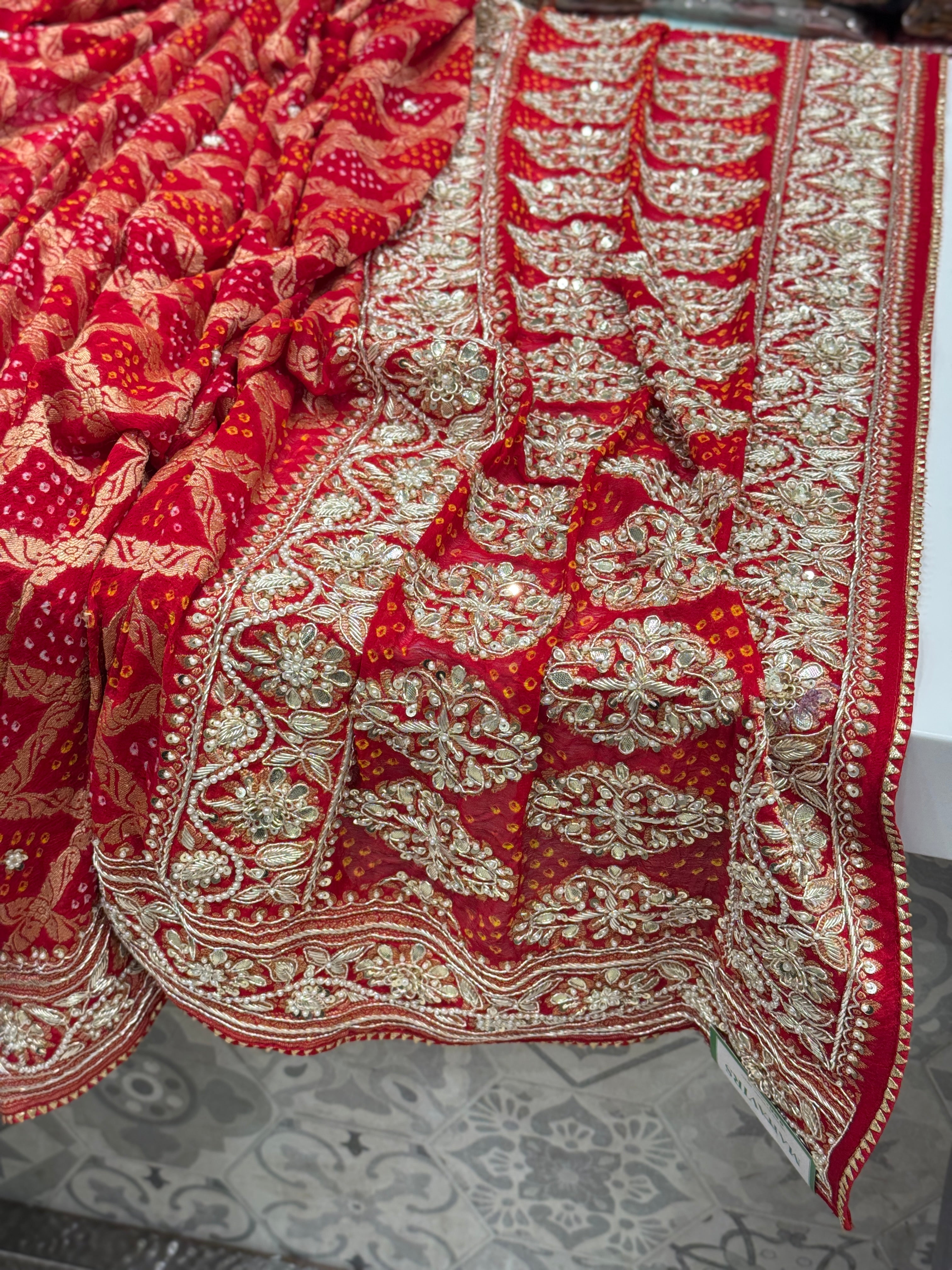 Red Hand Embroidery Bandhej Dupatta