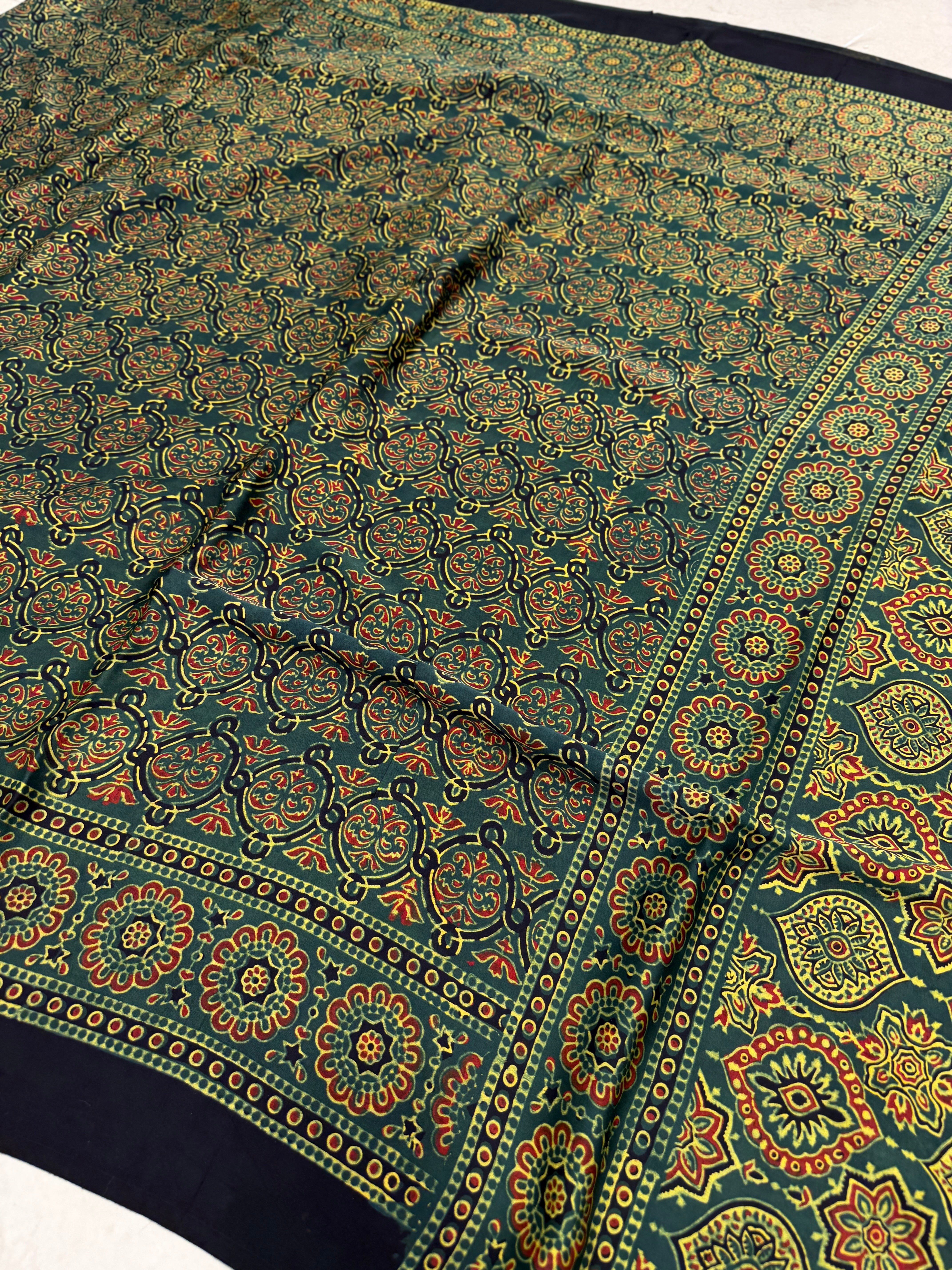 Green Ajrakh Hand Block Print Pure Modal Silk Saree