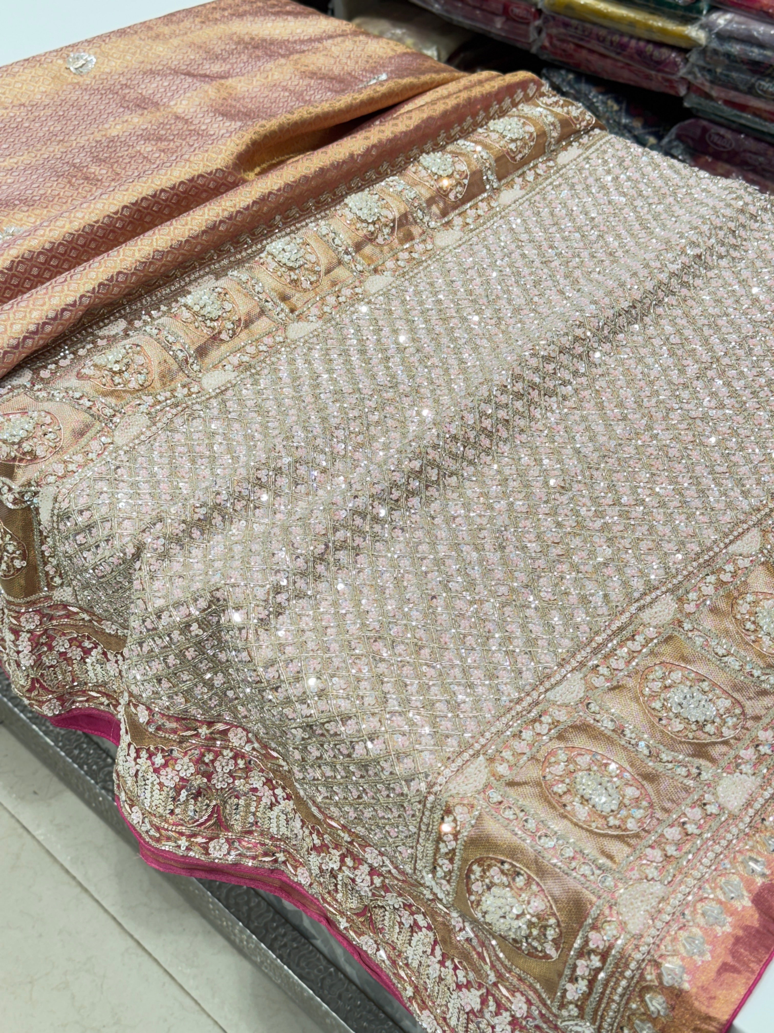 Pink Tissue Kanjivaram Hand Embroidery Saree