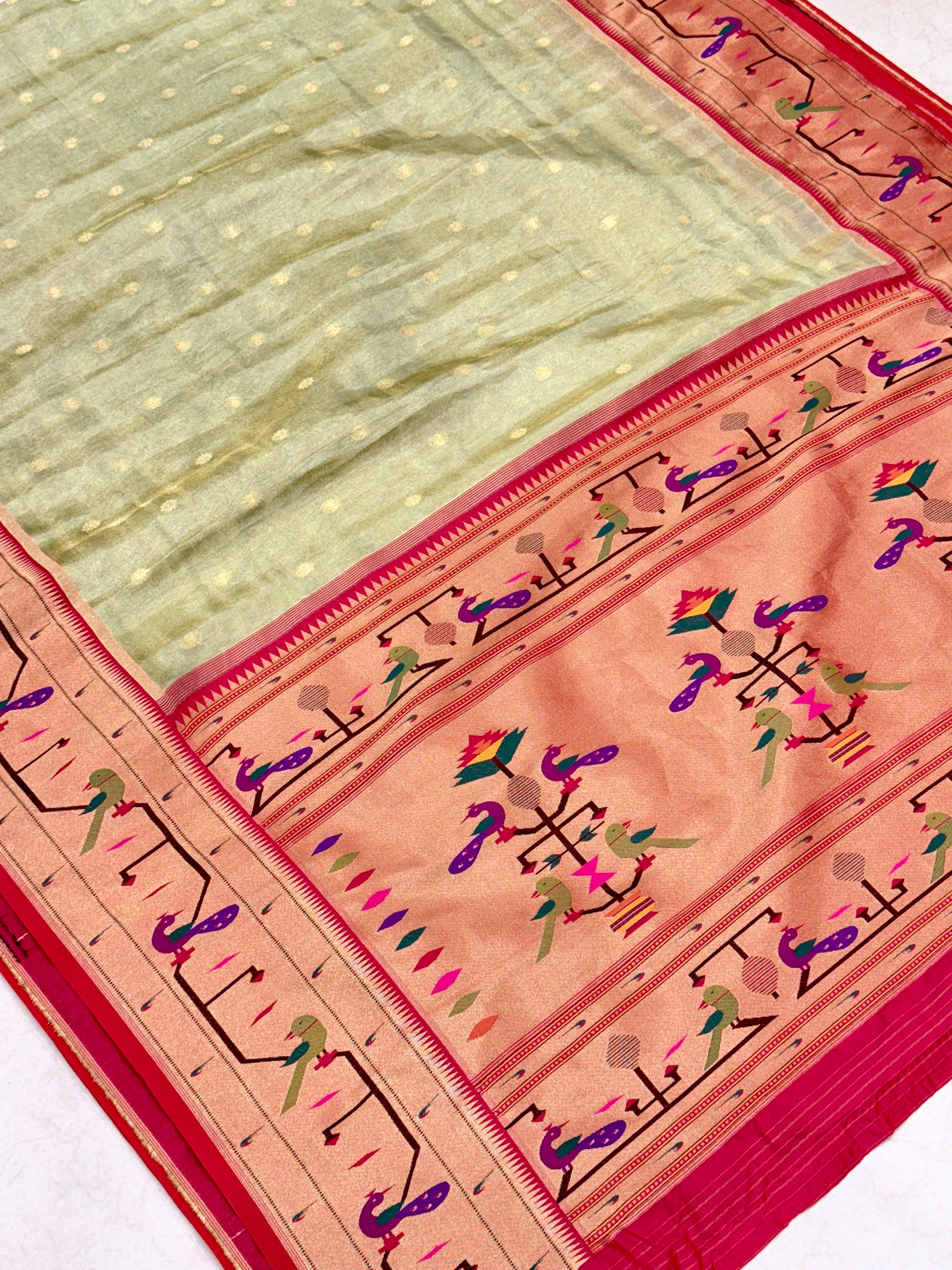 Pista Green Tissue Paithani Peacock Parrot Border Saree