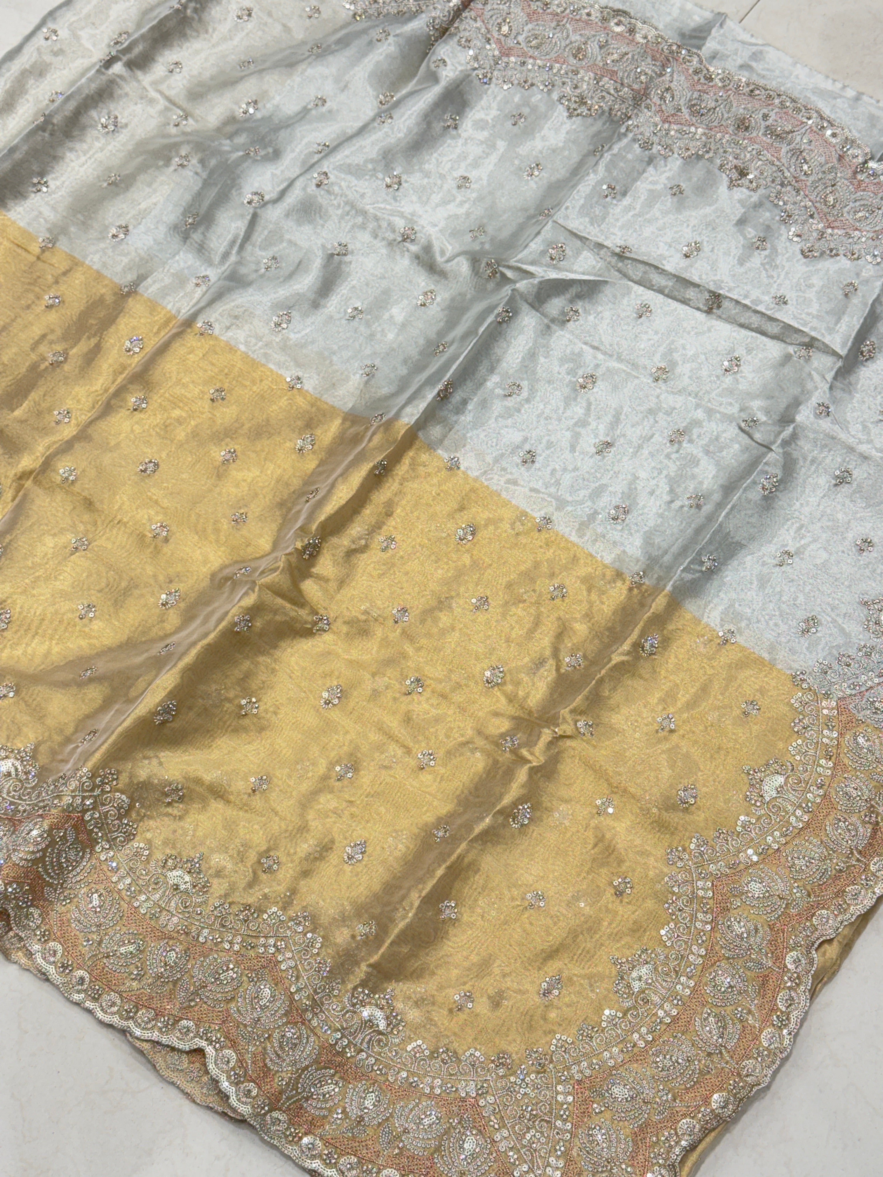 Golden Silver Soft Tissue Pita Scallop Embroidery Saree