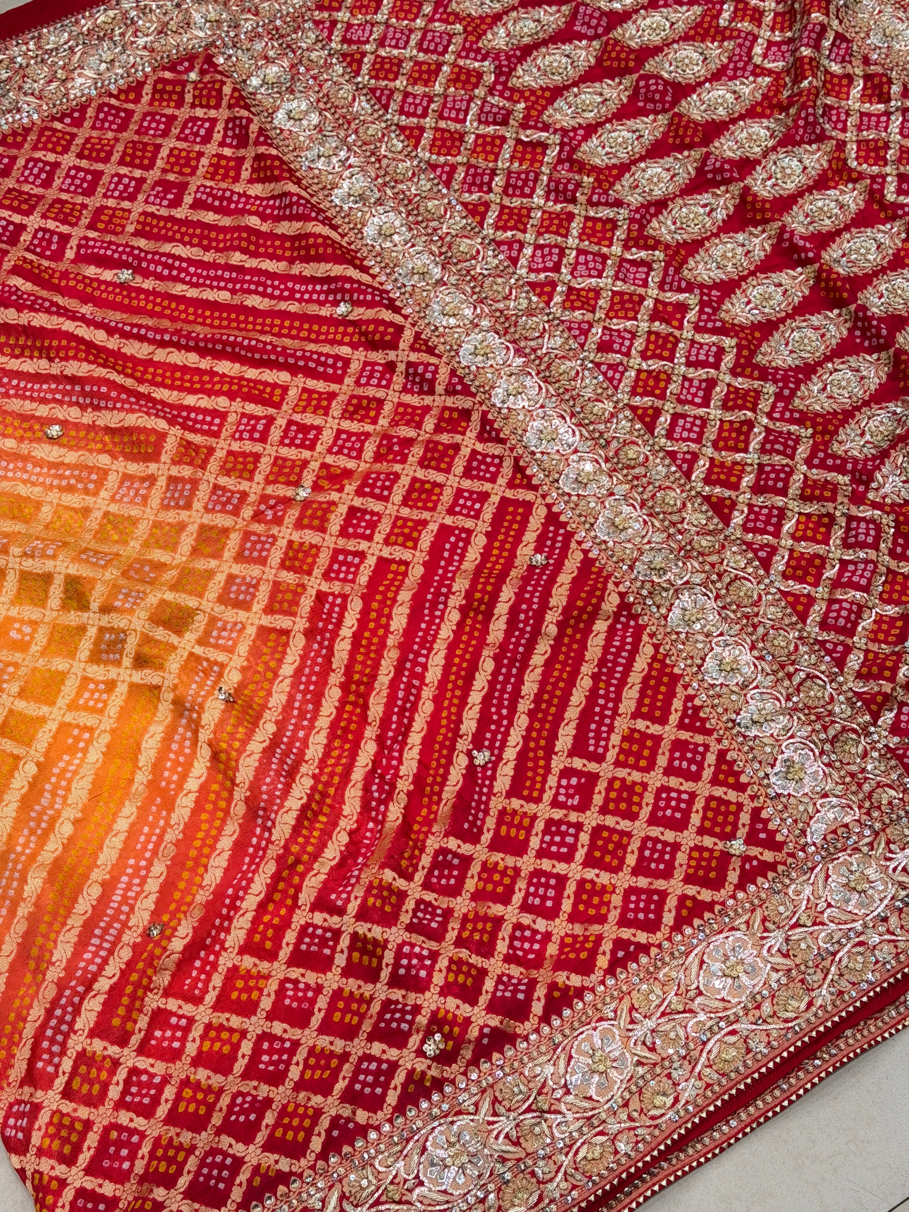 Orange Red Rai Bandhej Zardosi Pita Hand Embroidery Saree