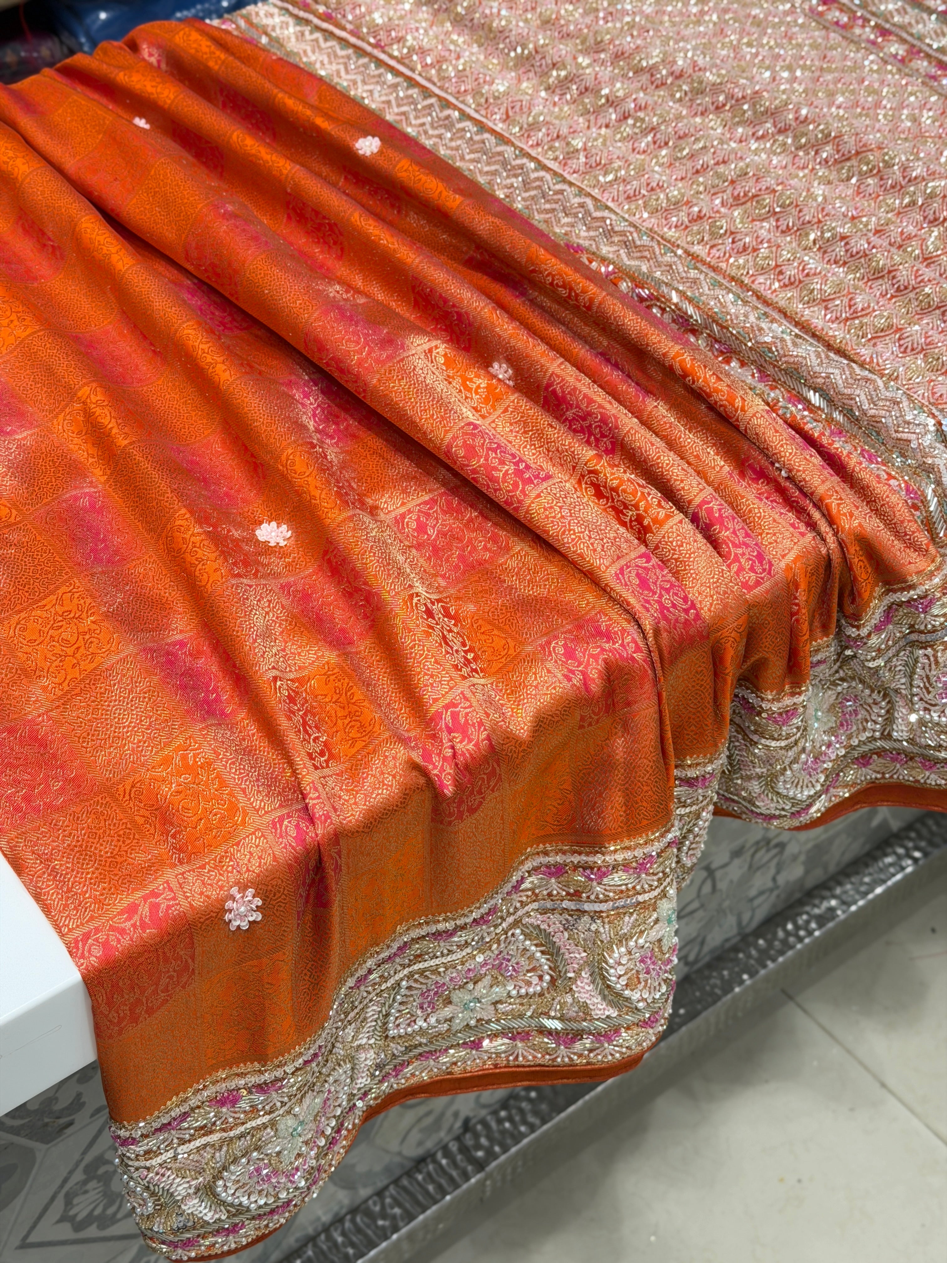 Rust Orange Kanjivaram Moti Zardosi Hand Embroidery Saree