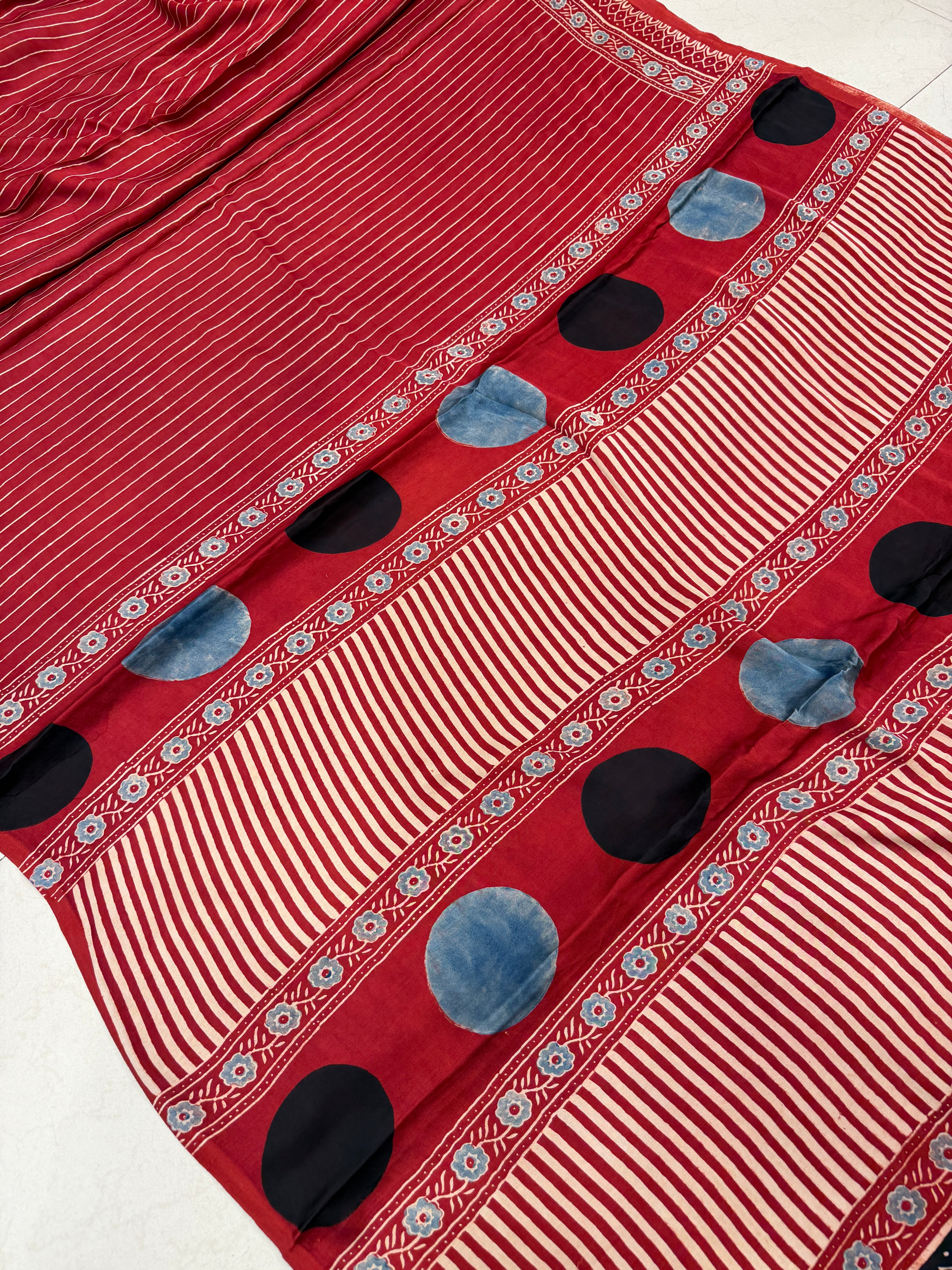 Red Contemporary Moon Pallu Ajrakh Block Print Hand Pure Gajji Silk Saree