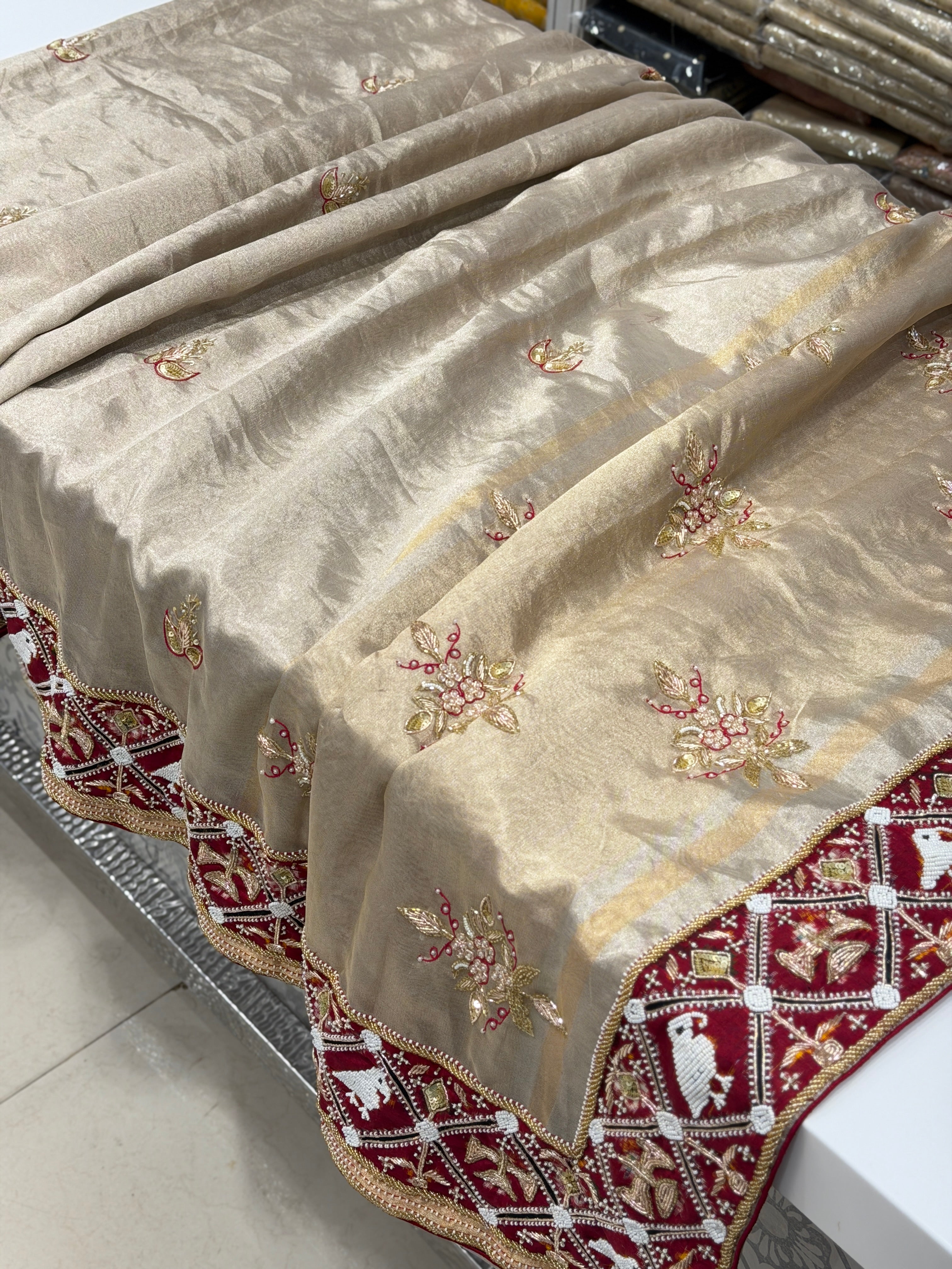 Silver Tissue Patan Patola Border Hand Embroidery Fusion Saree