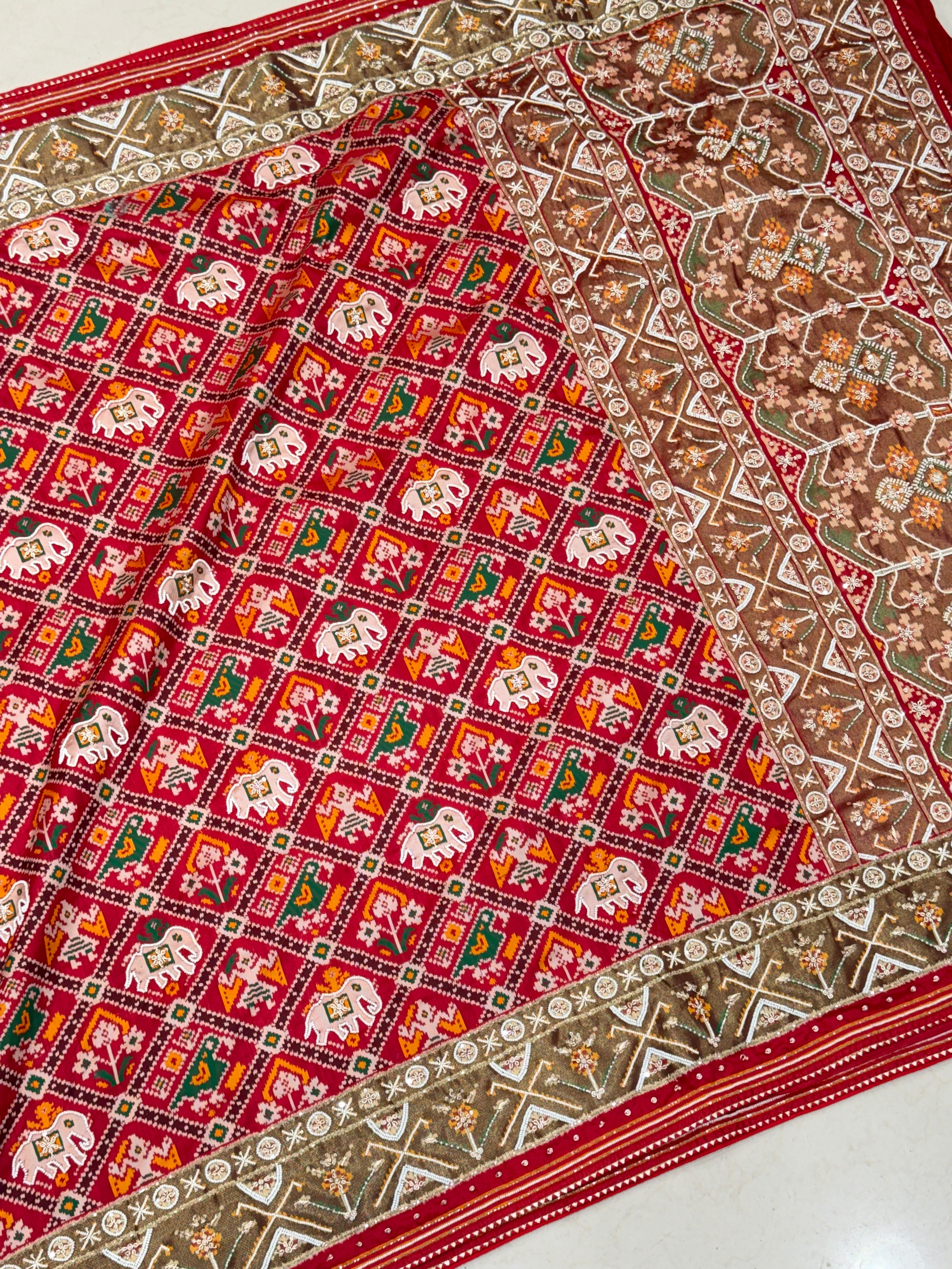 Red Patola Chhabdi Bhat Kidiya Moti Hand Embroidery Patola Saree