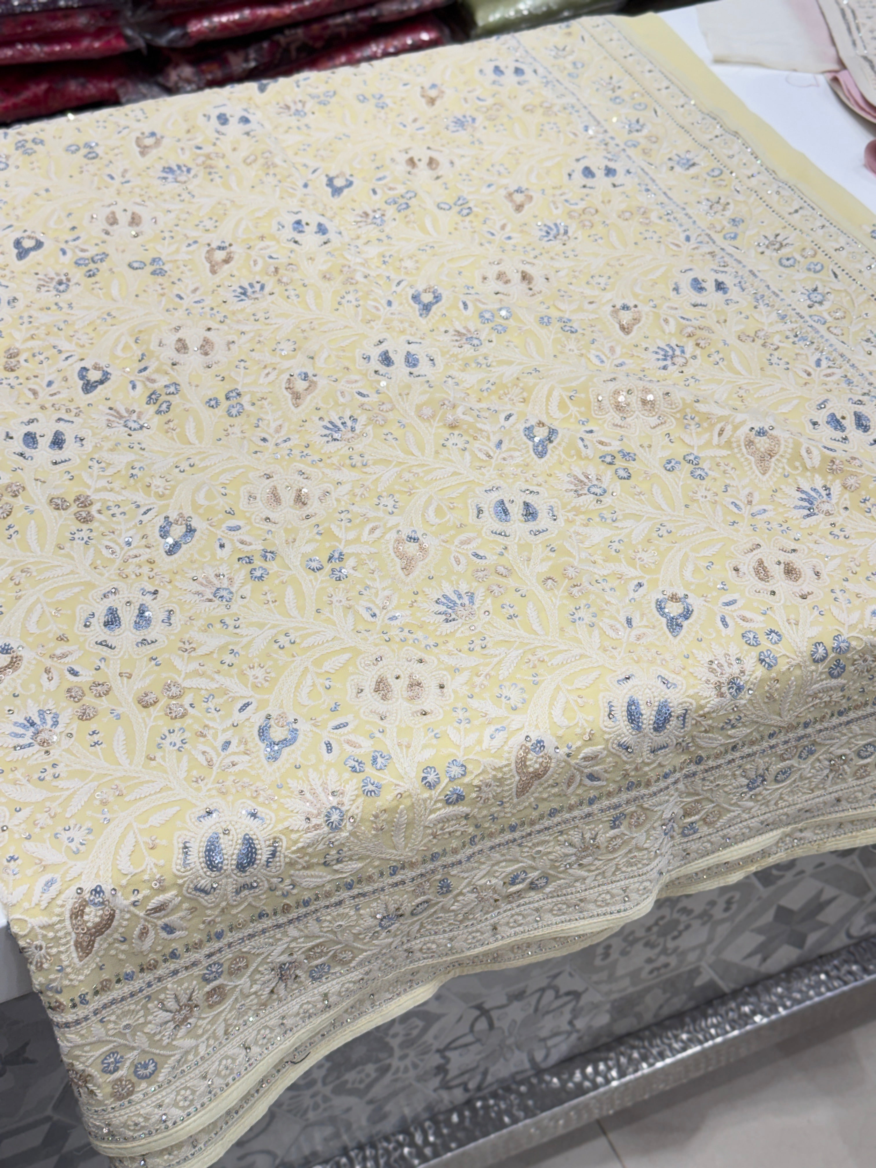 Yellow Chikankari Saree Floral Design