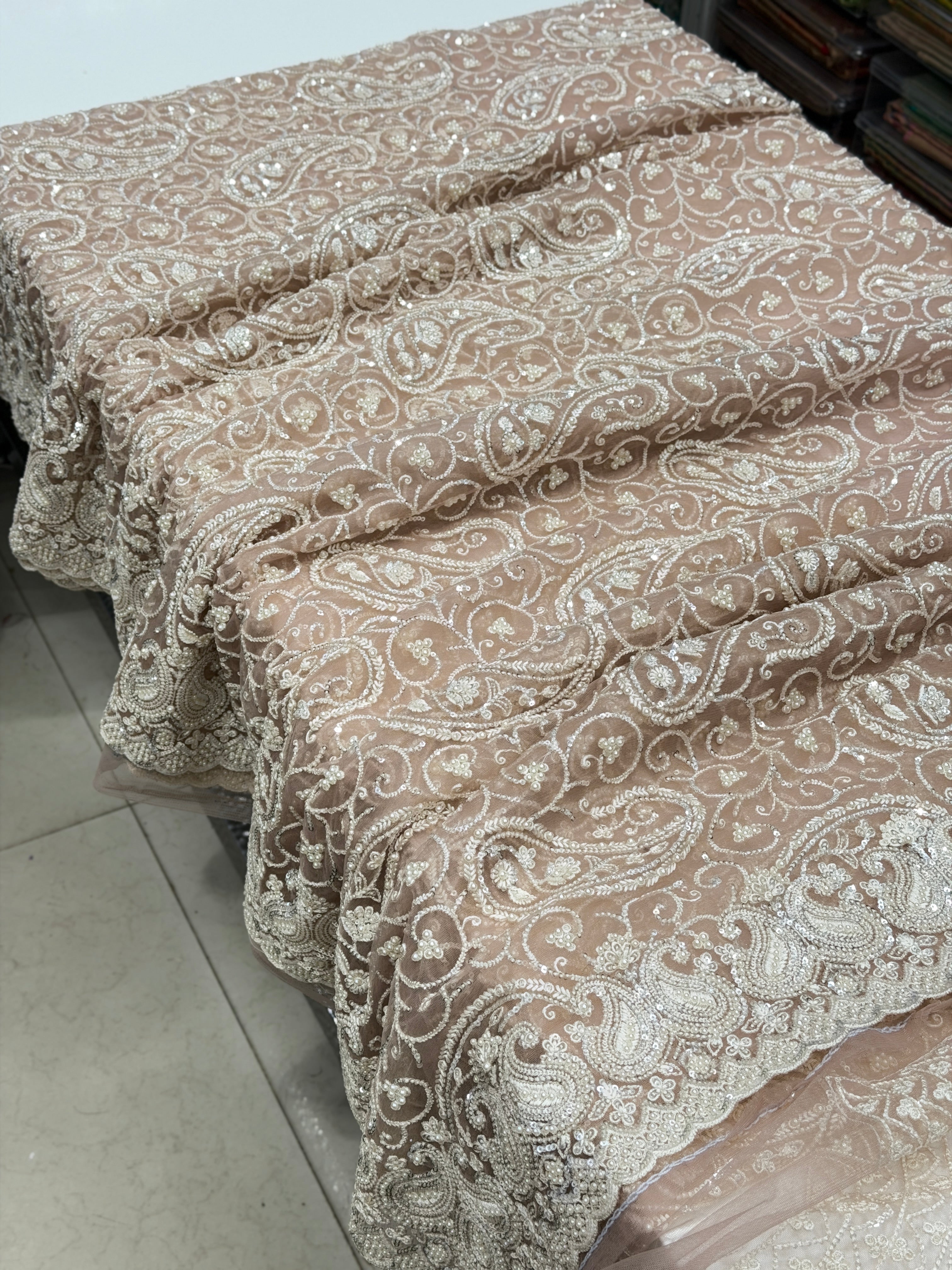 Nude Pink Keri Jaal Net Resham Moti Embroidery Soft Saree