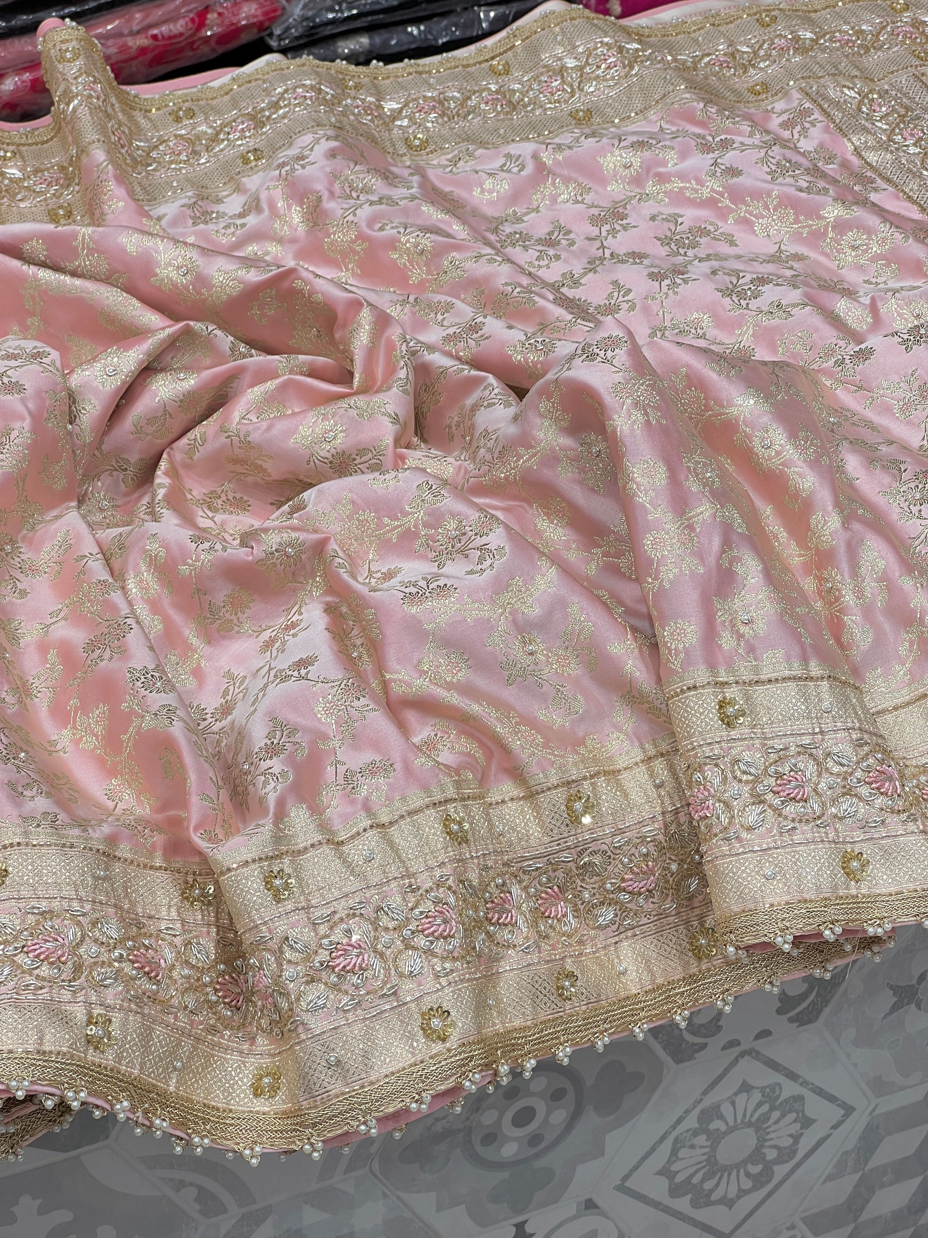 Pink Banarasi Zardosi Resham Hand Embroidery Saree