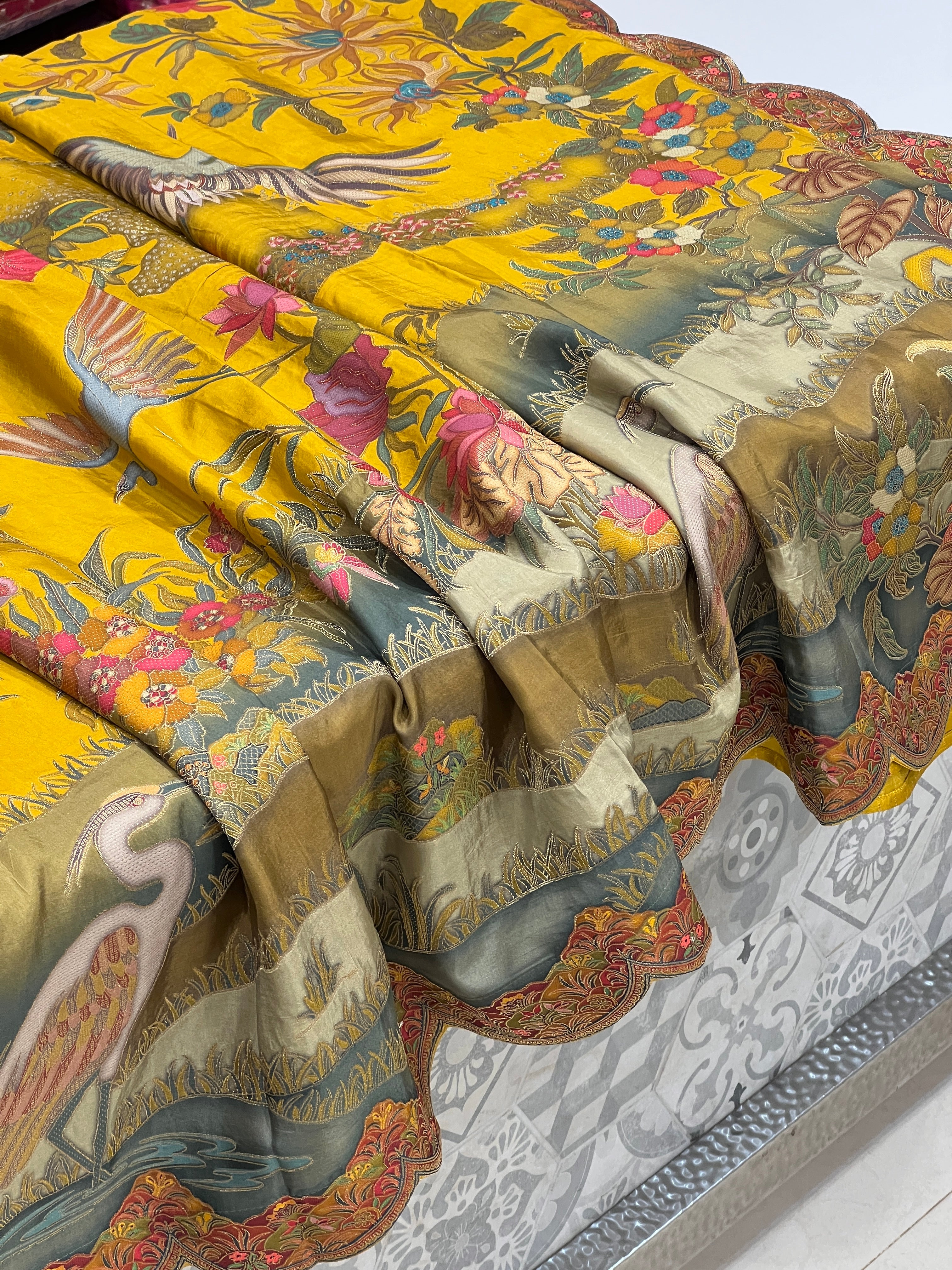 Yellow Munga Silk Landscape Saree