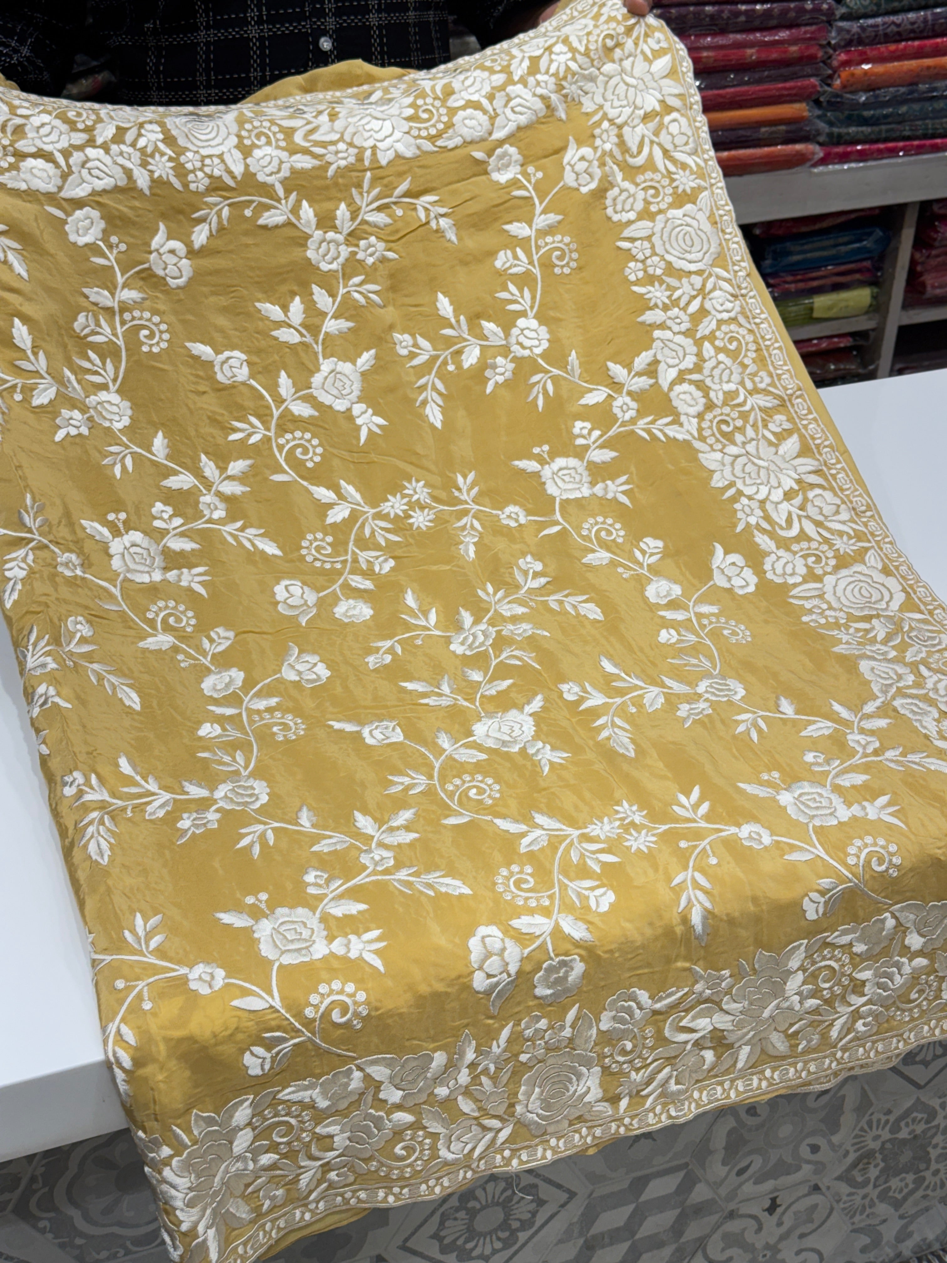 Yellow Crepe Floral Parsi Gara Saree