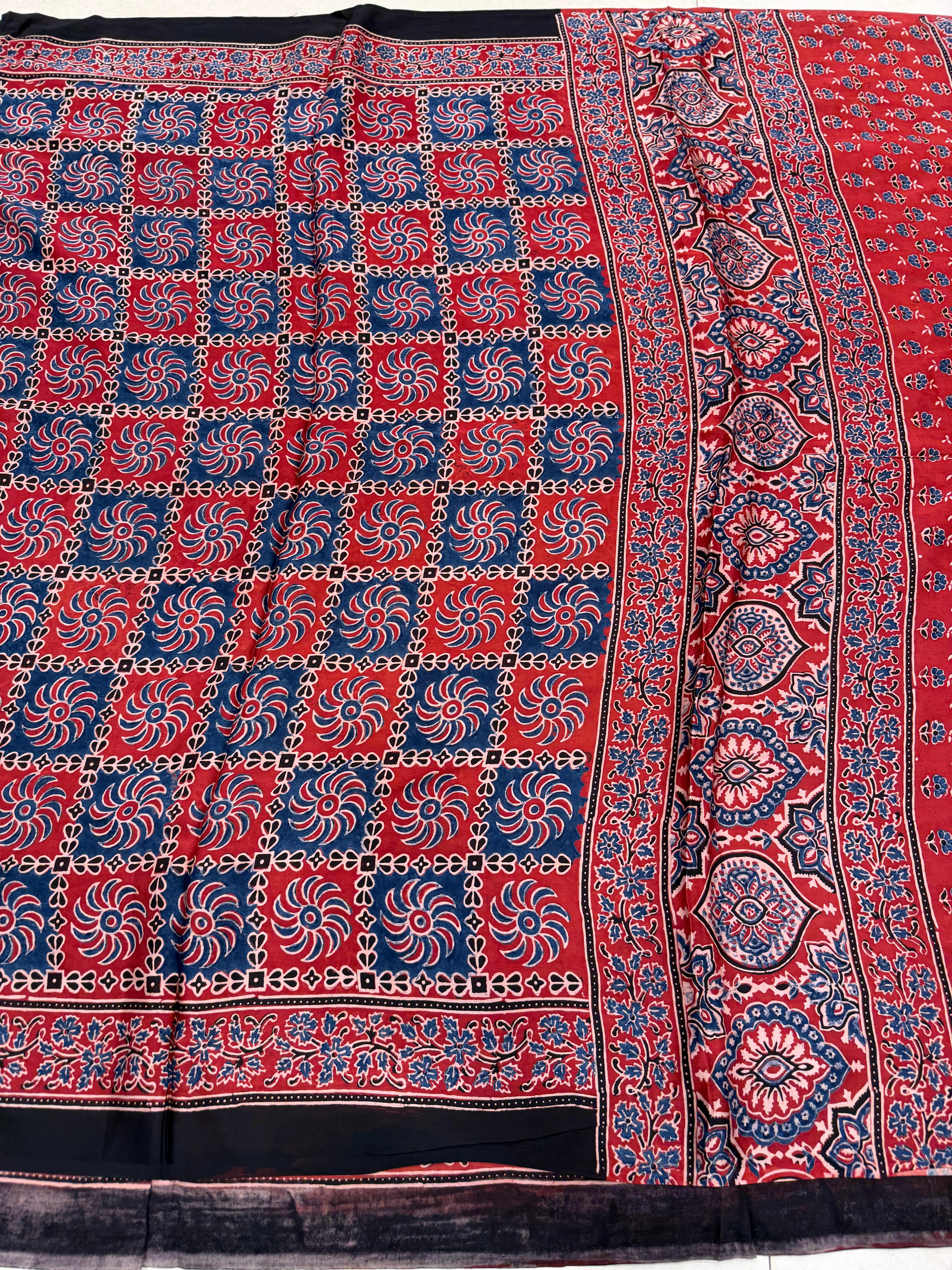 Red Checkered Ajrakh Hand Block Print Pure Gajji Silk Saree