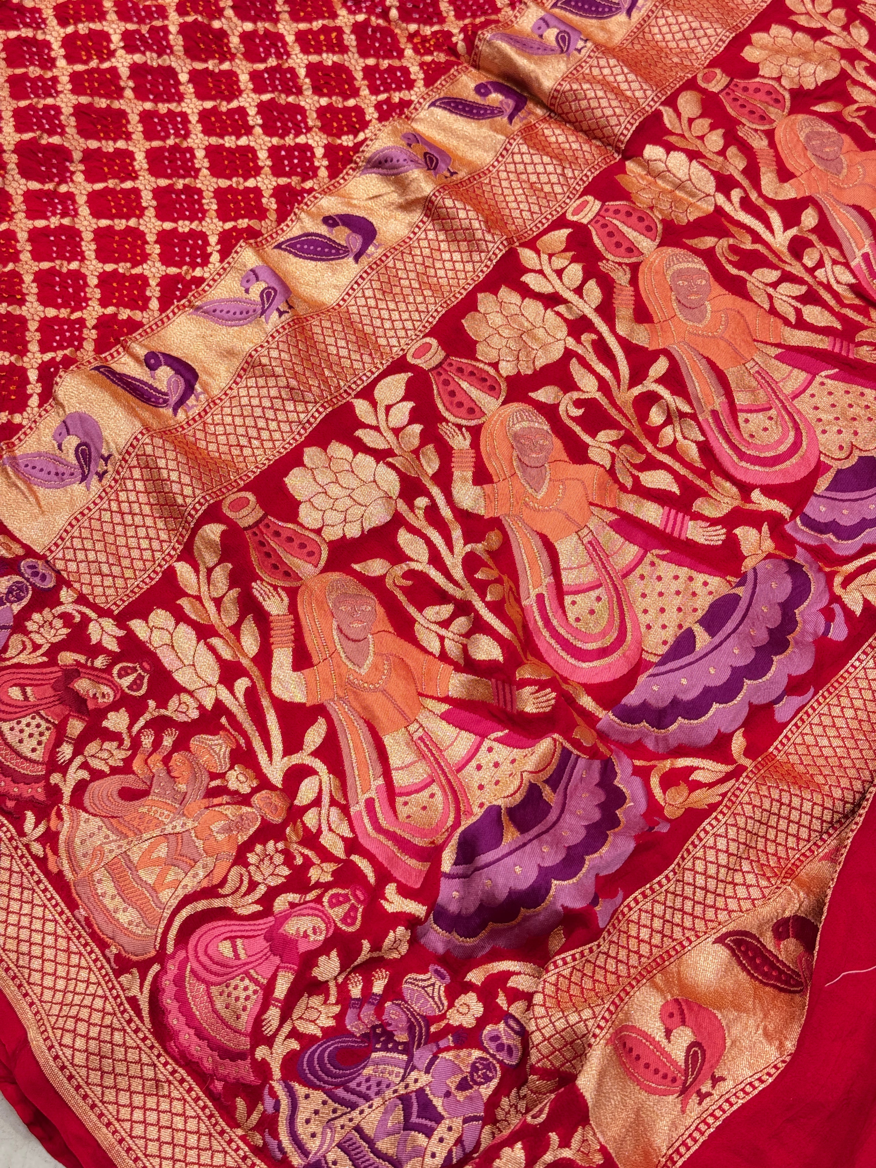 Red Rai Bandhej Meenakari Handloom Saree