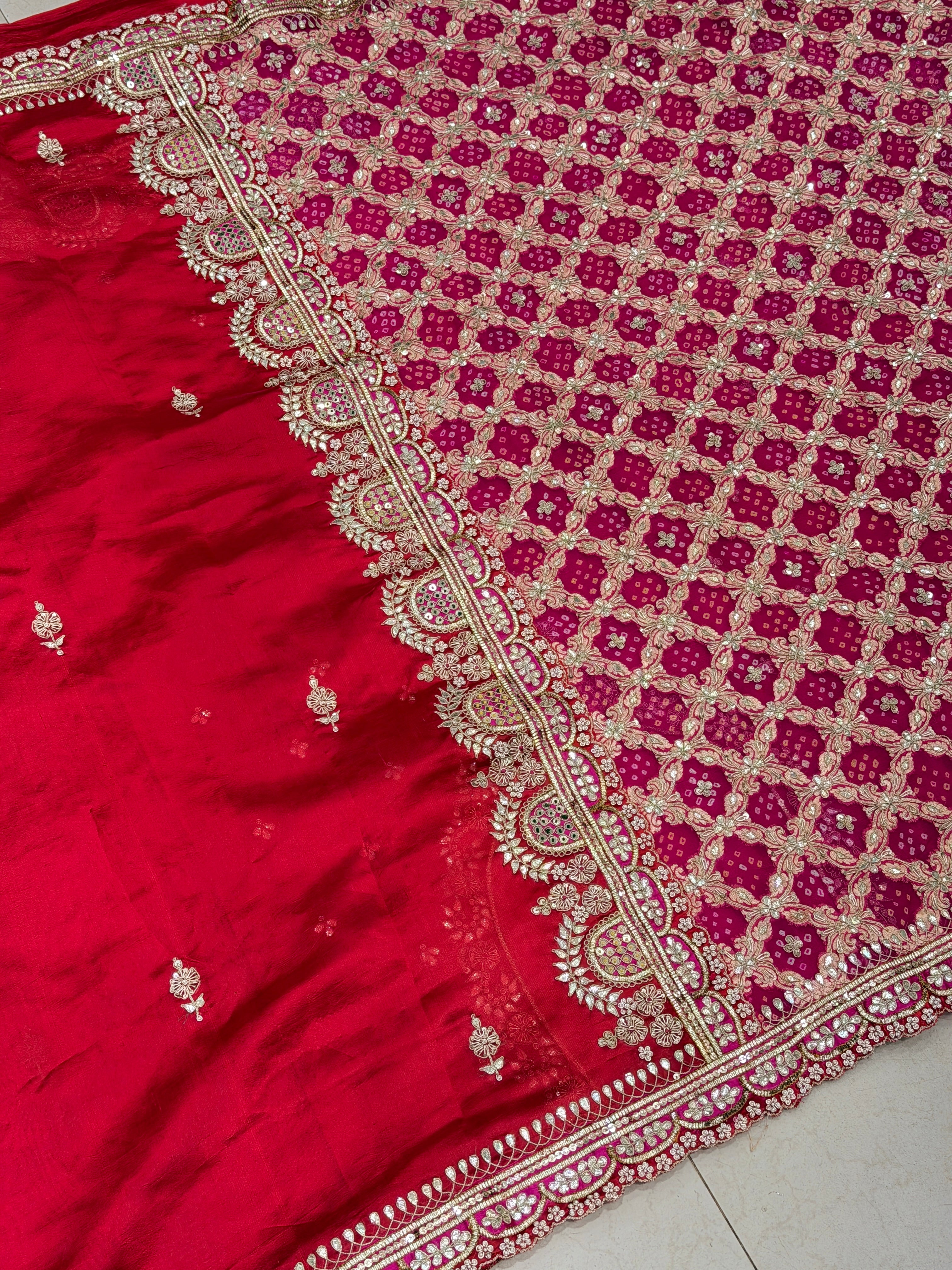 Red with Rani Pink Pure Silk Bandhej Marodi Hand Embroidery Saree