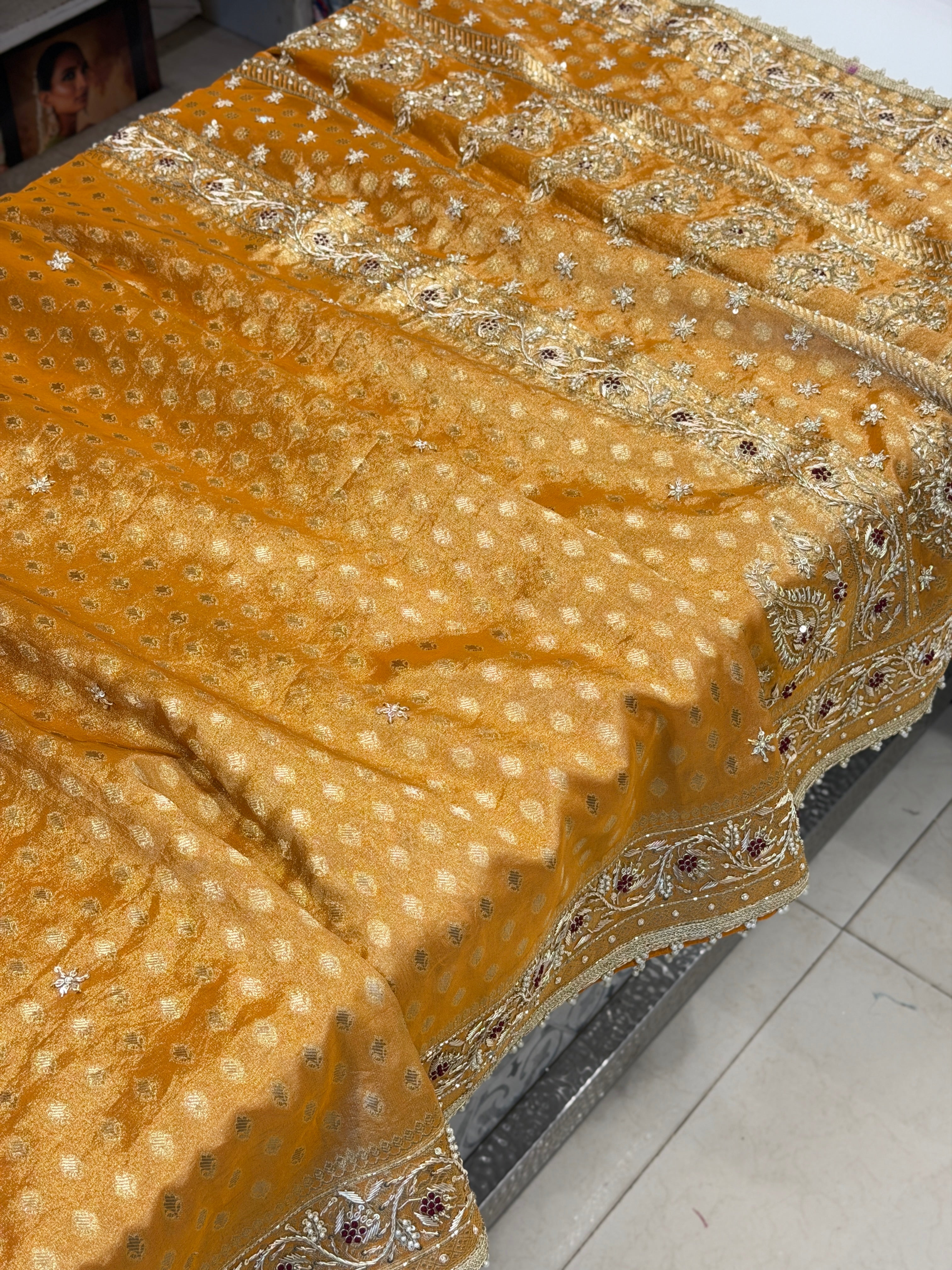 Rust Orange Banarasi Tissue Buttis Hand Embroidery Zardosi Saree