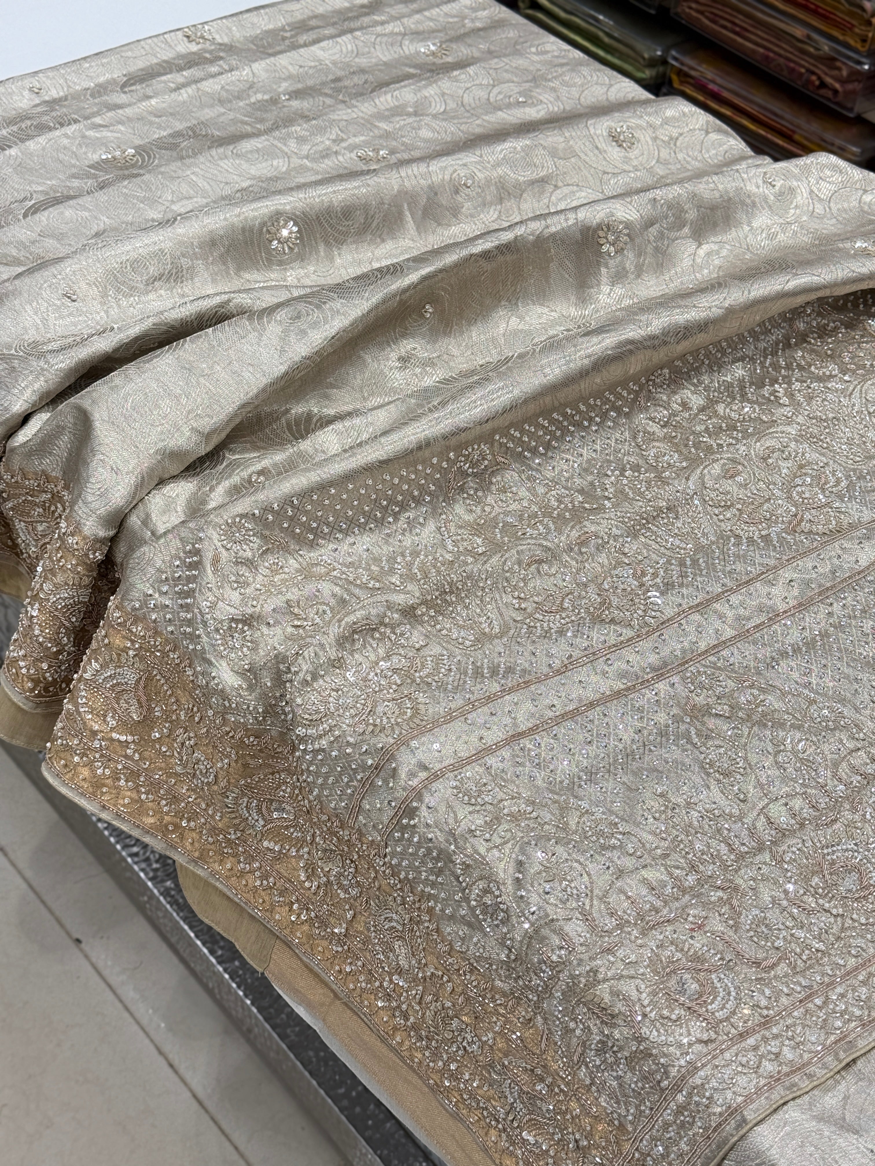 Silver Tissue Kanjivaram Zardosi Moti Hand Embroidery Saree