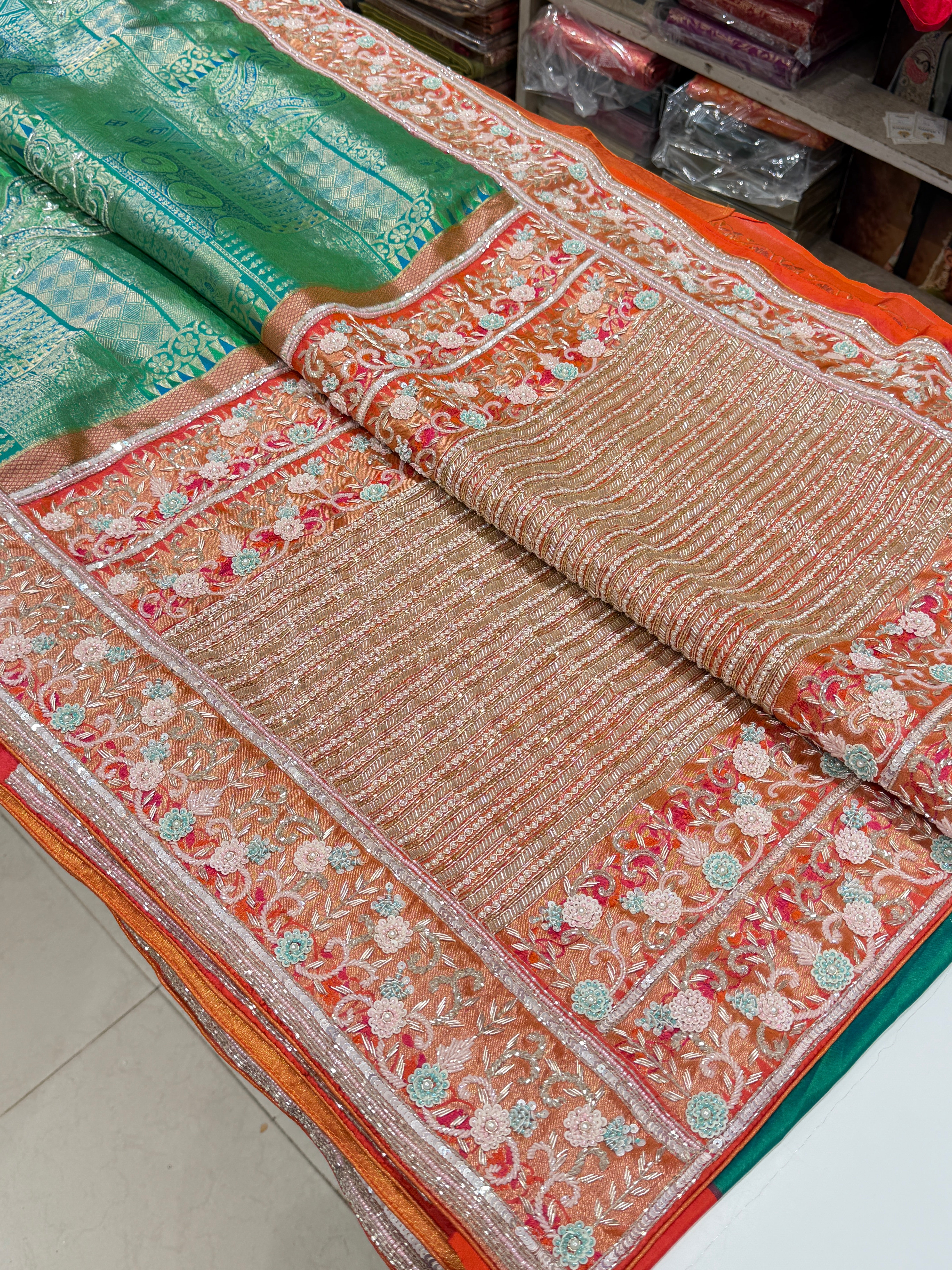 Green Orange Handloom Kanjivaram Hand Embroidery Saree