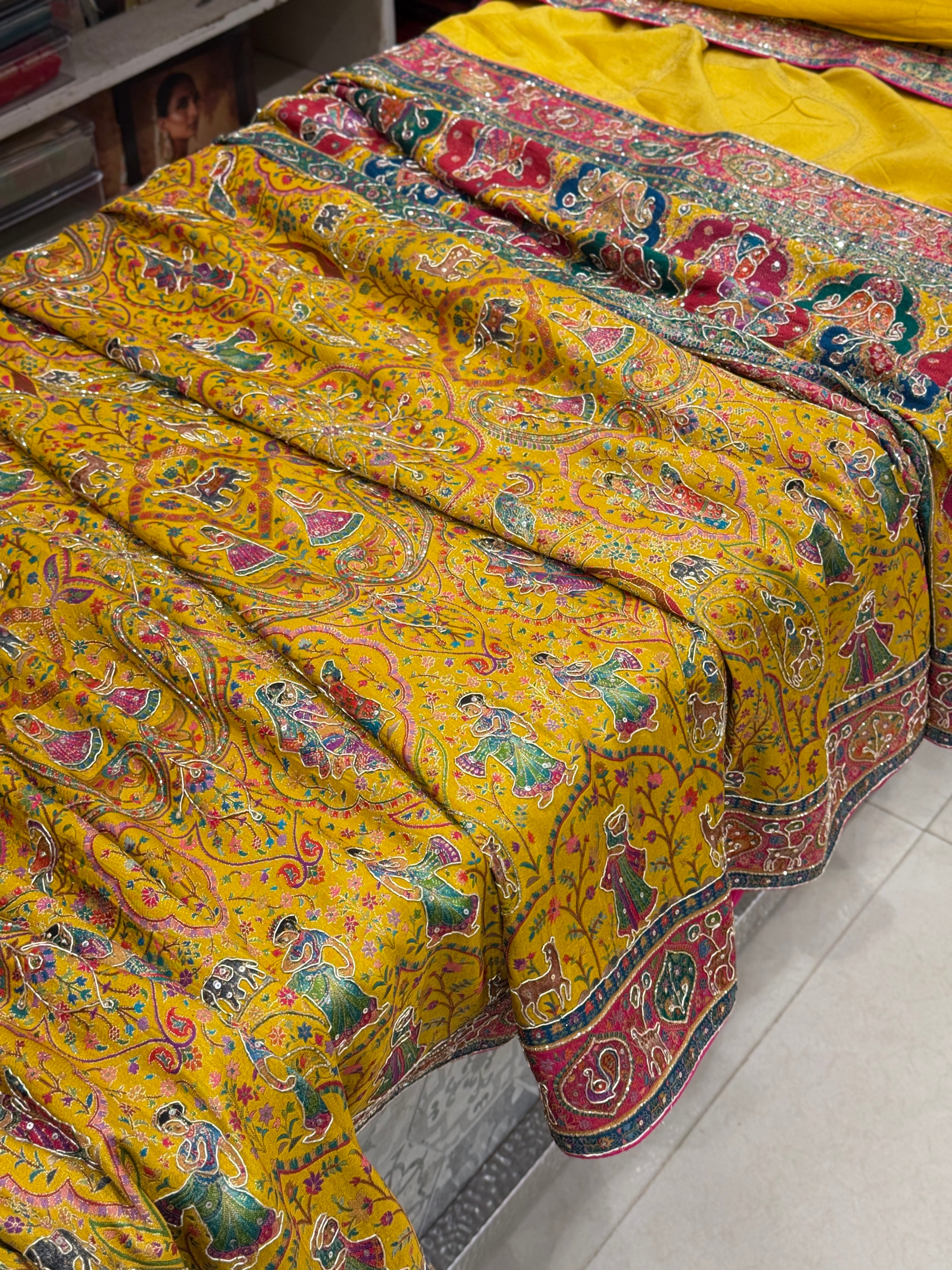 Yellow Pashmina Baluchari Style Hand Embroidery Saree