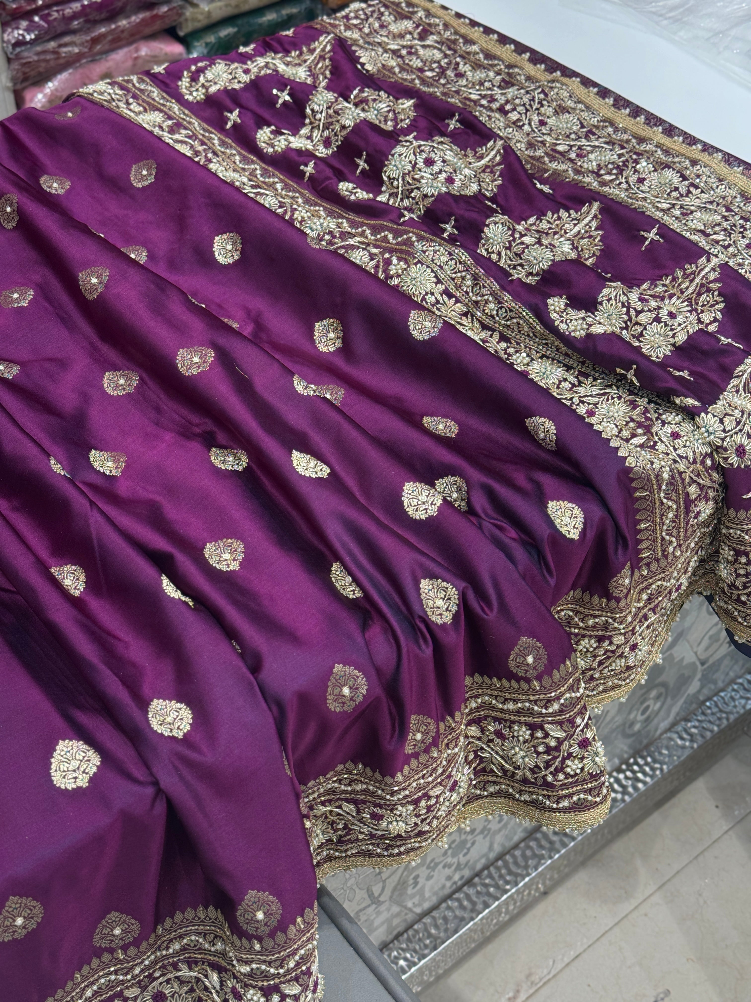 Violet Banarasi Silk Butta Hand Embroidery Saree