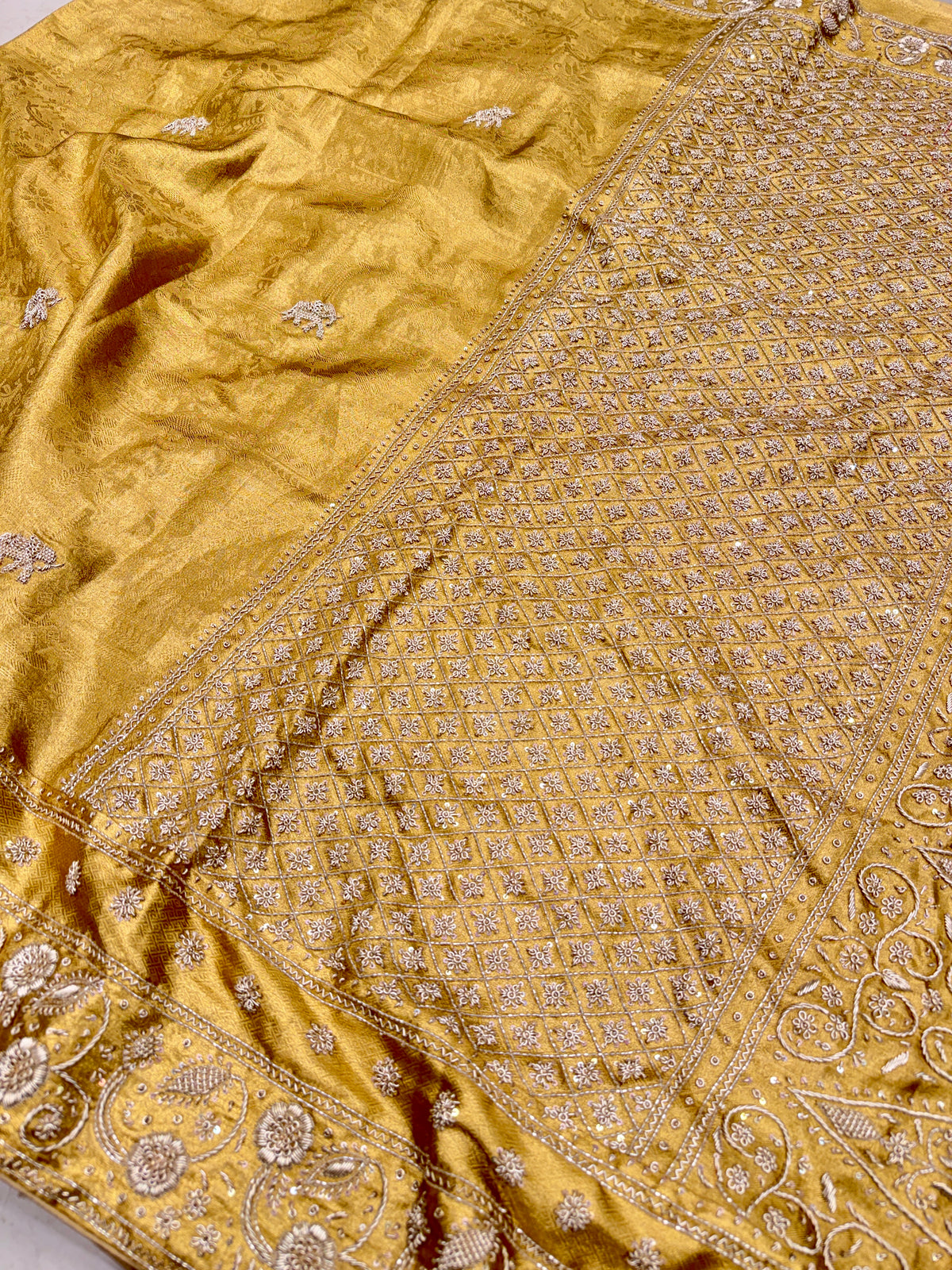 Golden Floral Kanjivaram Zardosi Hand Embroidery Saree