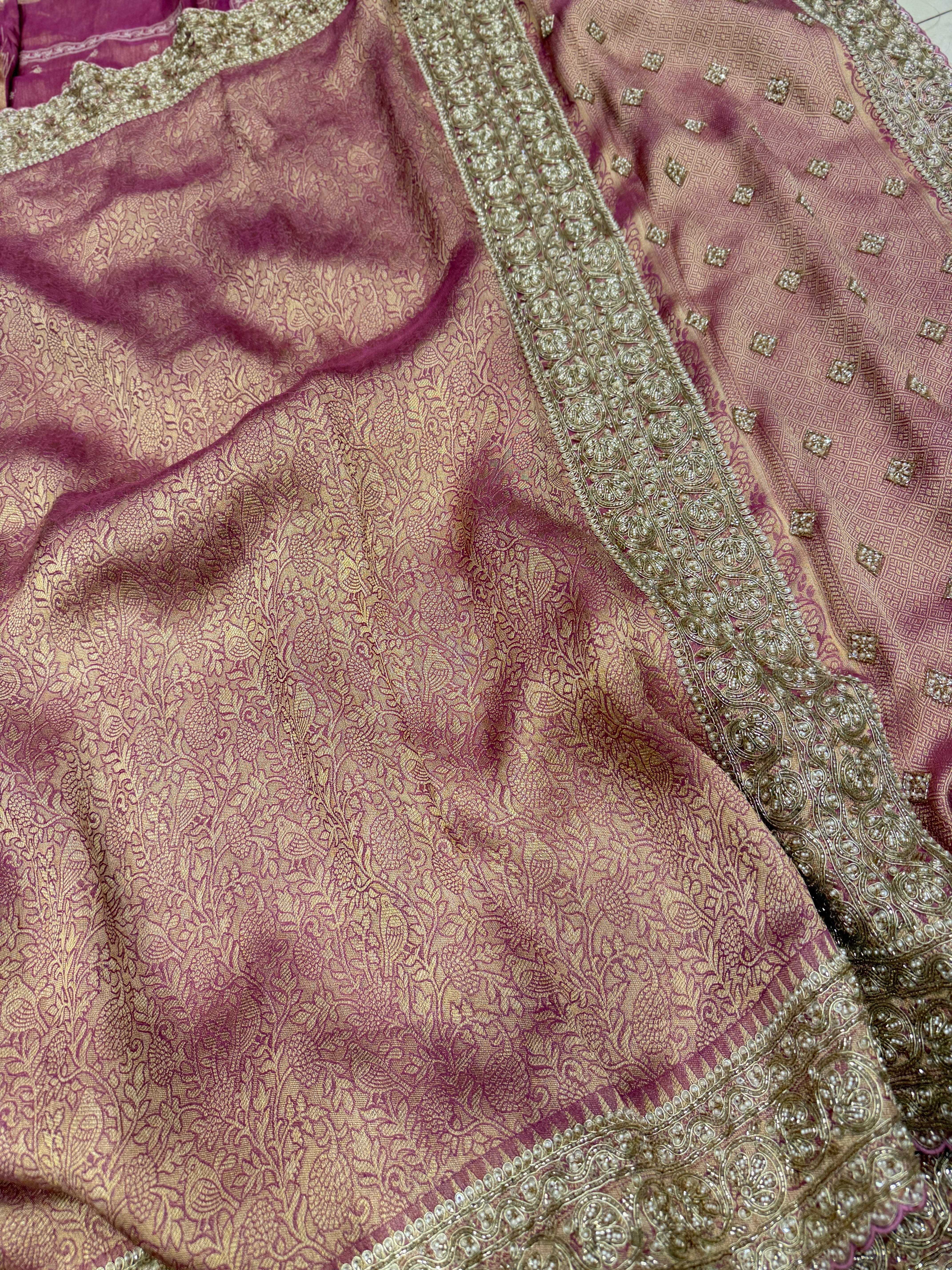 Purple Crepe Tissue Weaved Moti Cutana Embroidery Saree