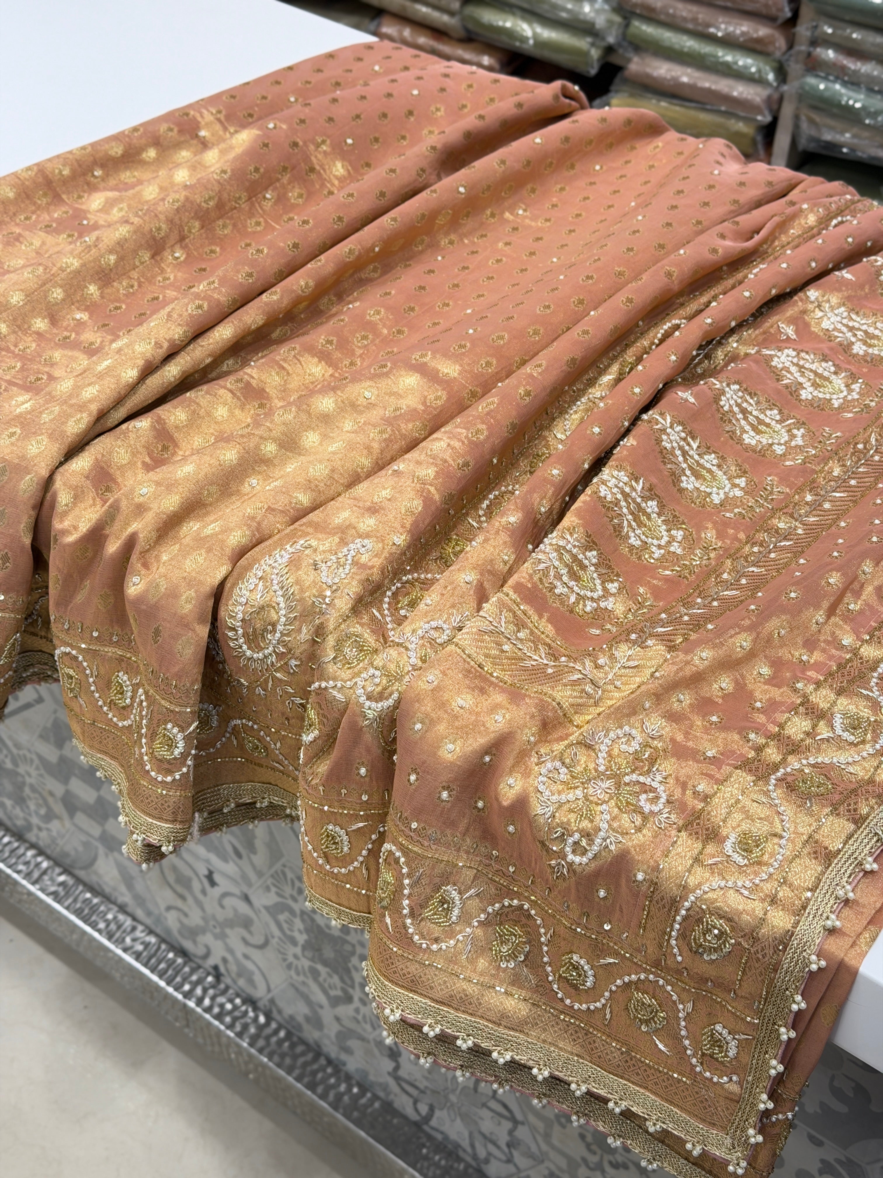 Nude Pink Tissue Banarasi Buttis Zardosi Embroidery Saree