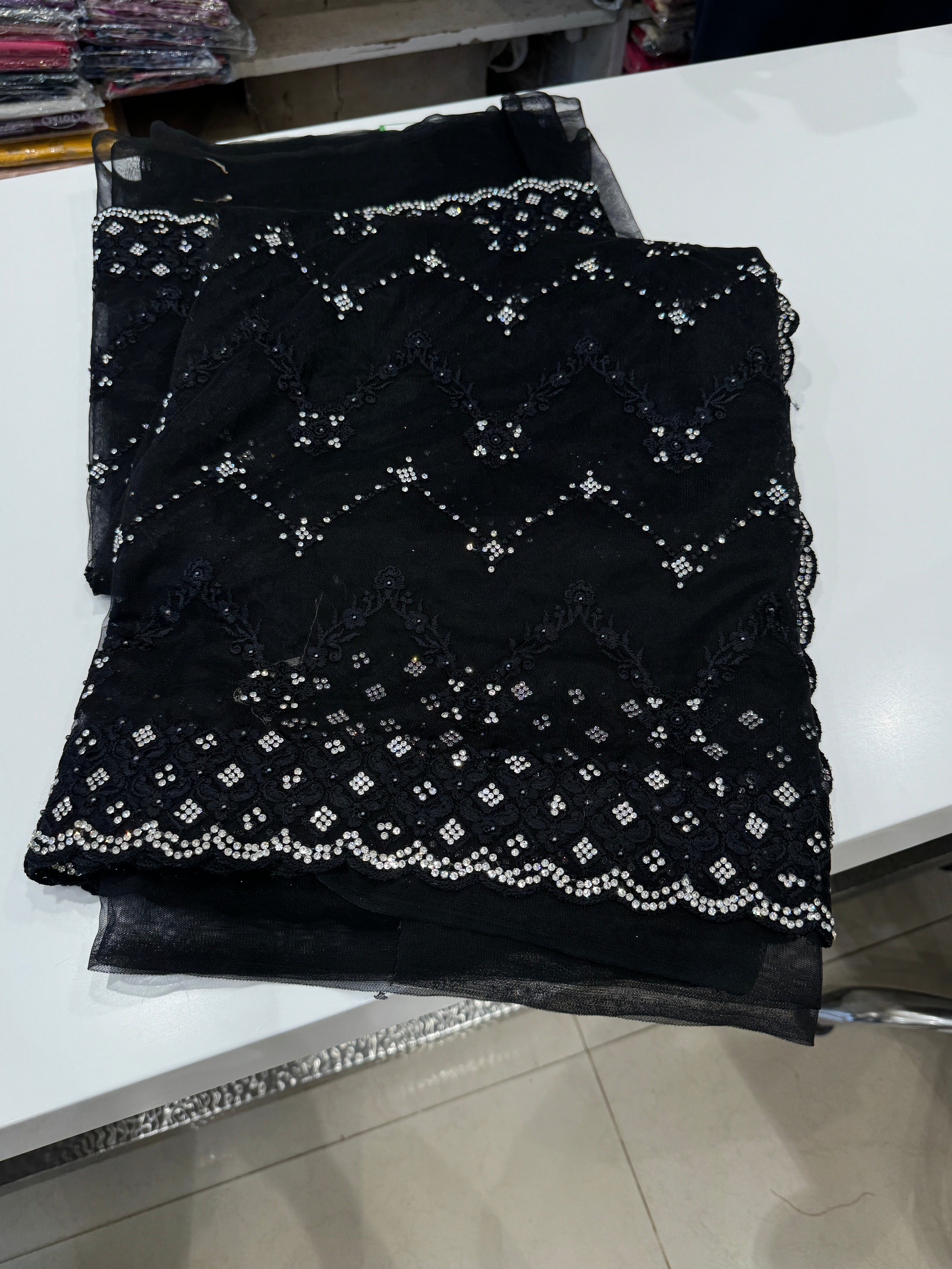 Black Net Stone Resham Embroidery Saree