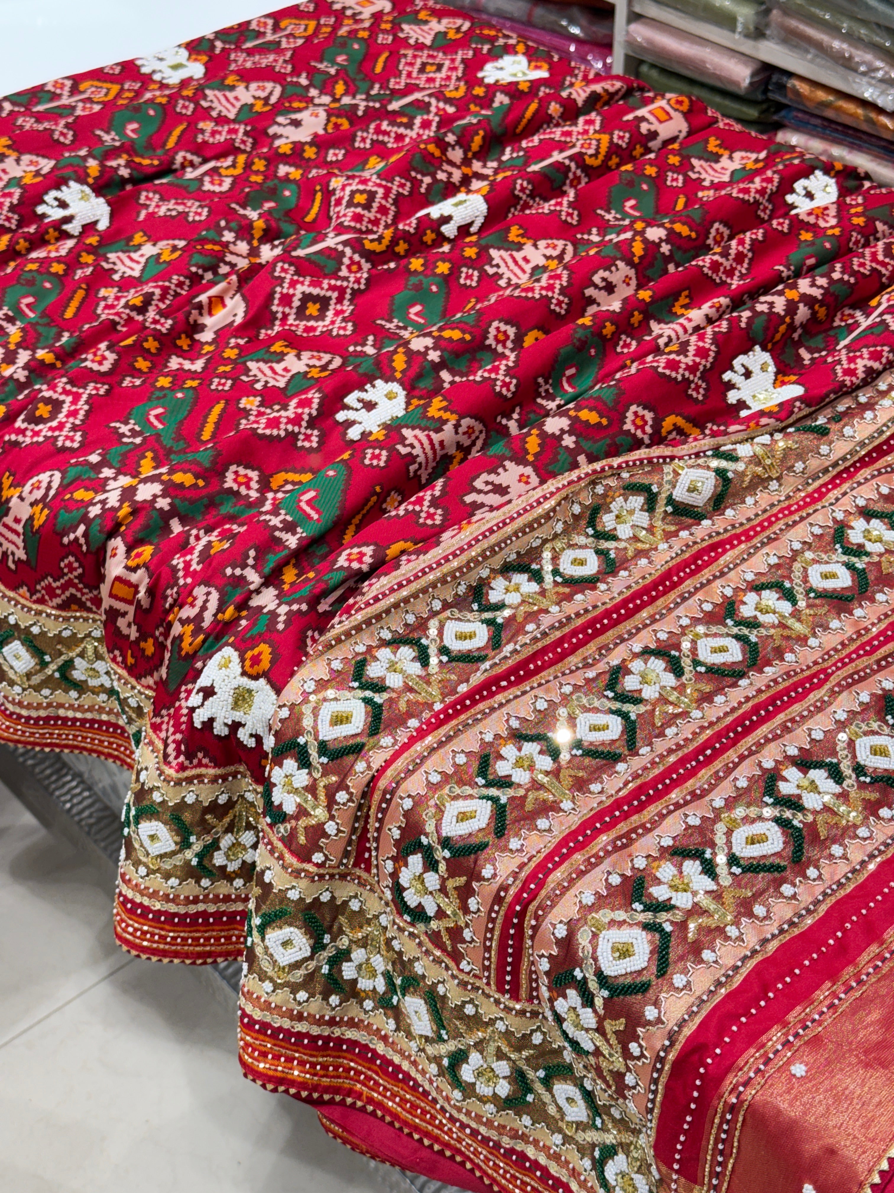 Red Patola Chhabdi Bhat Kidiya Moti Hand Embroidery Patola Saree