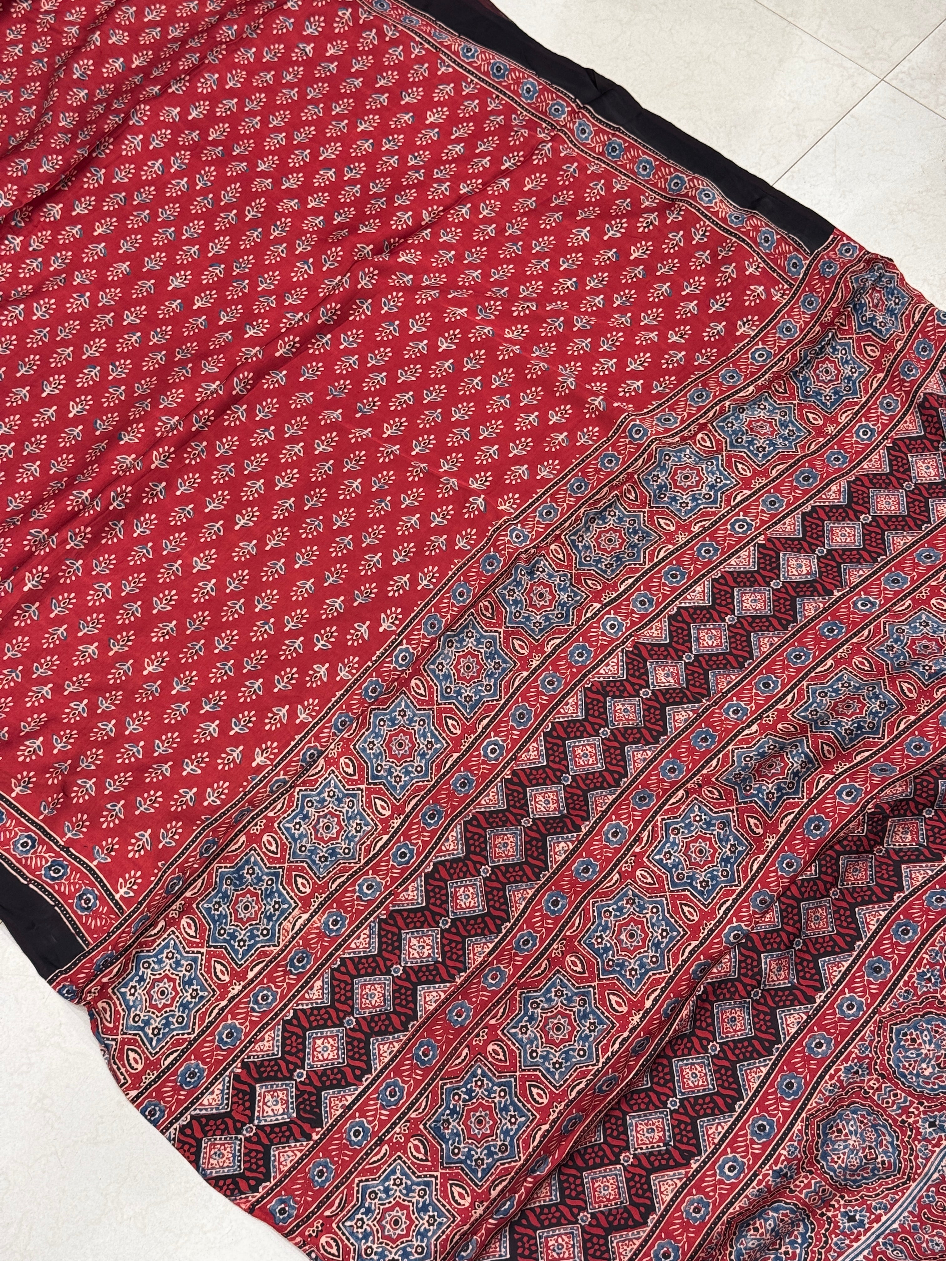 Red Buttis Ajrakh Saree Modal Gajji Silk Hand Block Print