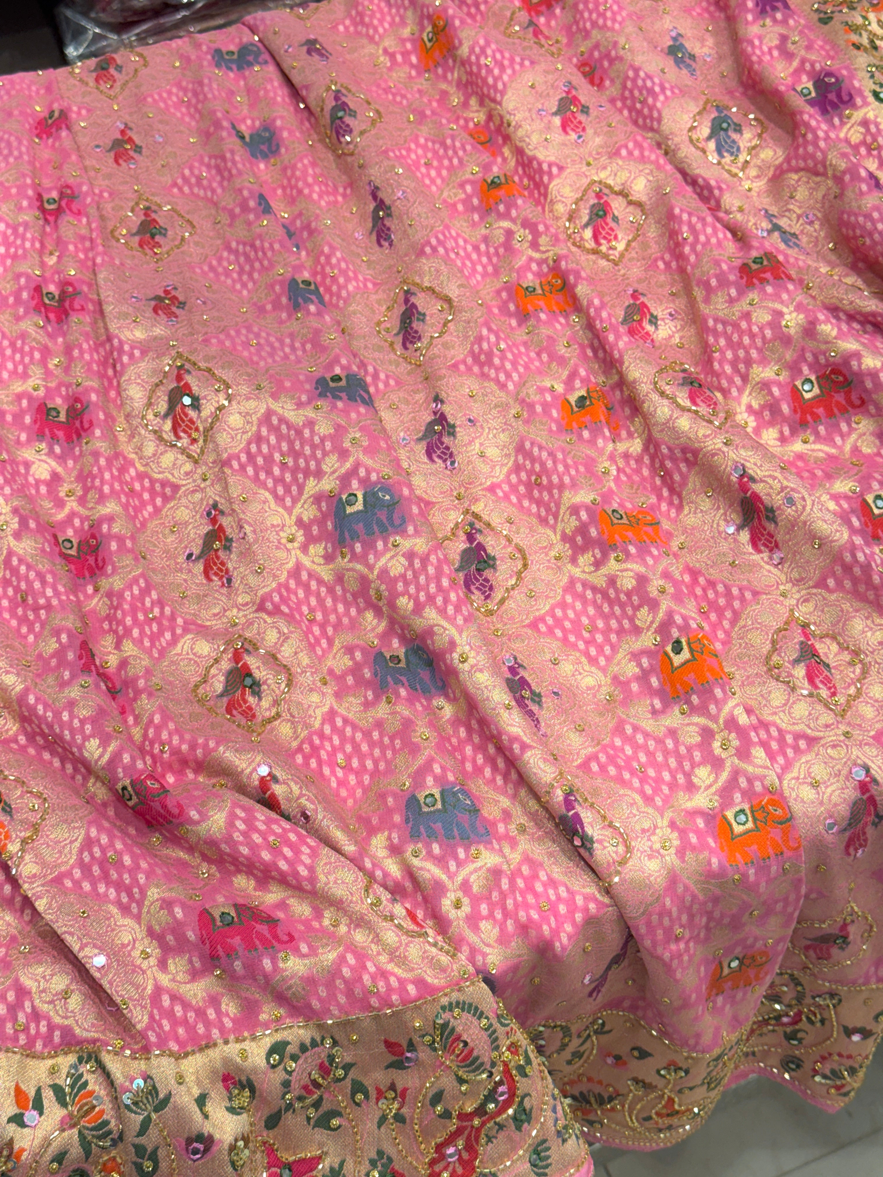 Pink Woven Bandhej Peacock Elephant Motifs Gharchol Embroidery Saree