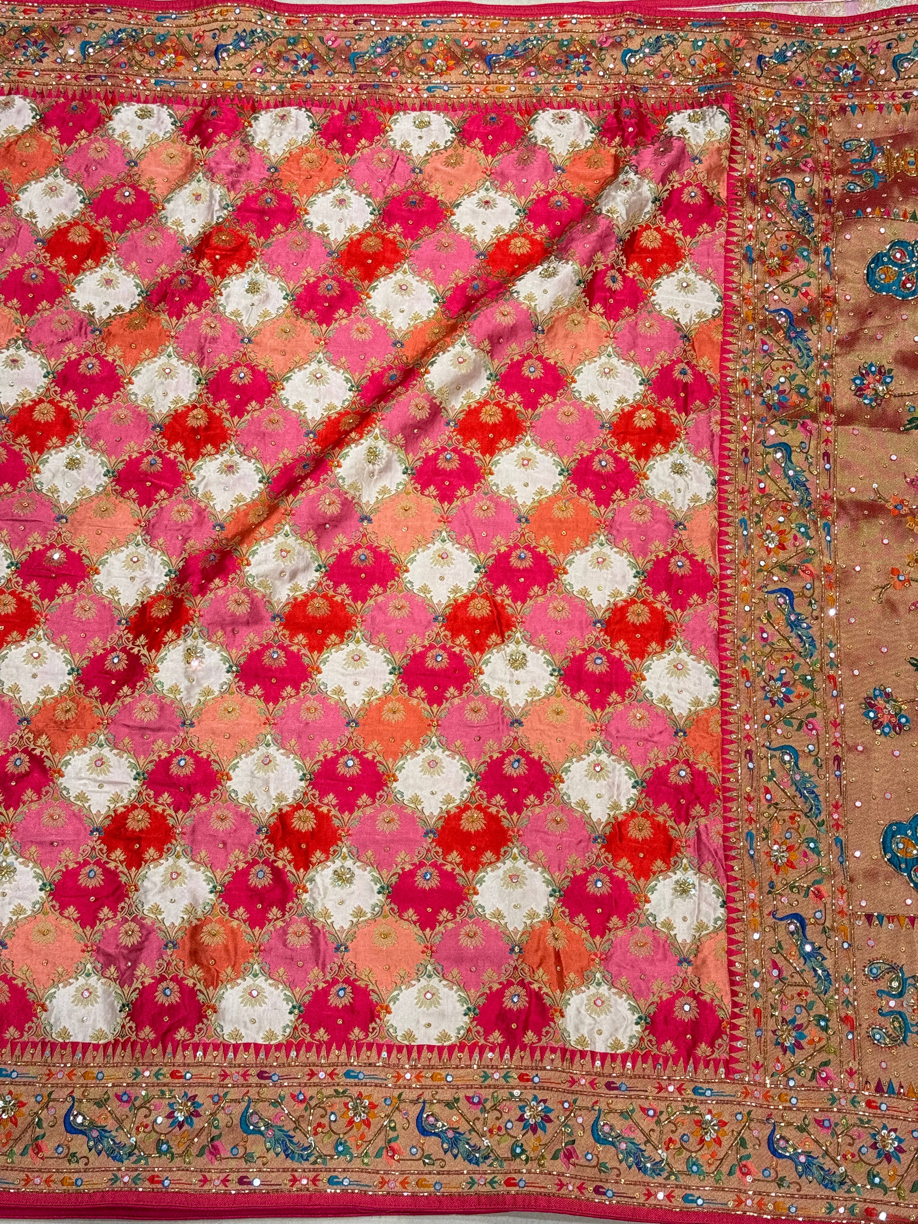 Orange White Banarasi Modal Rangkat Hand Embroidery Saree