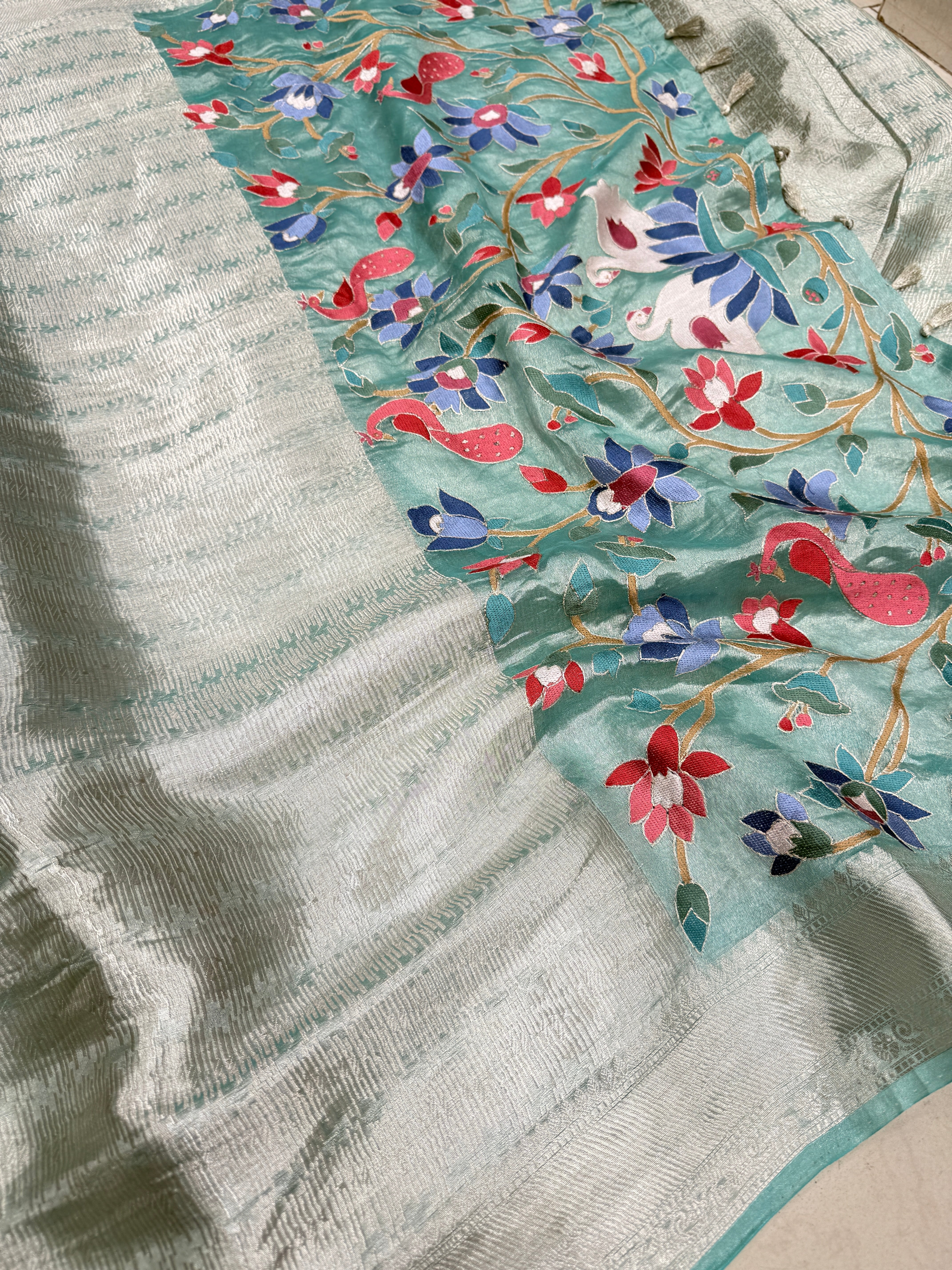 Sea Green Handloom Tissue Contemporary Resham Embroidery Saree