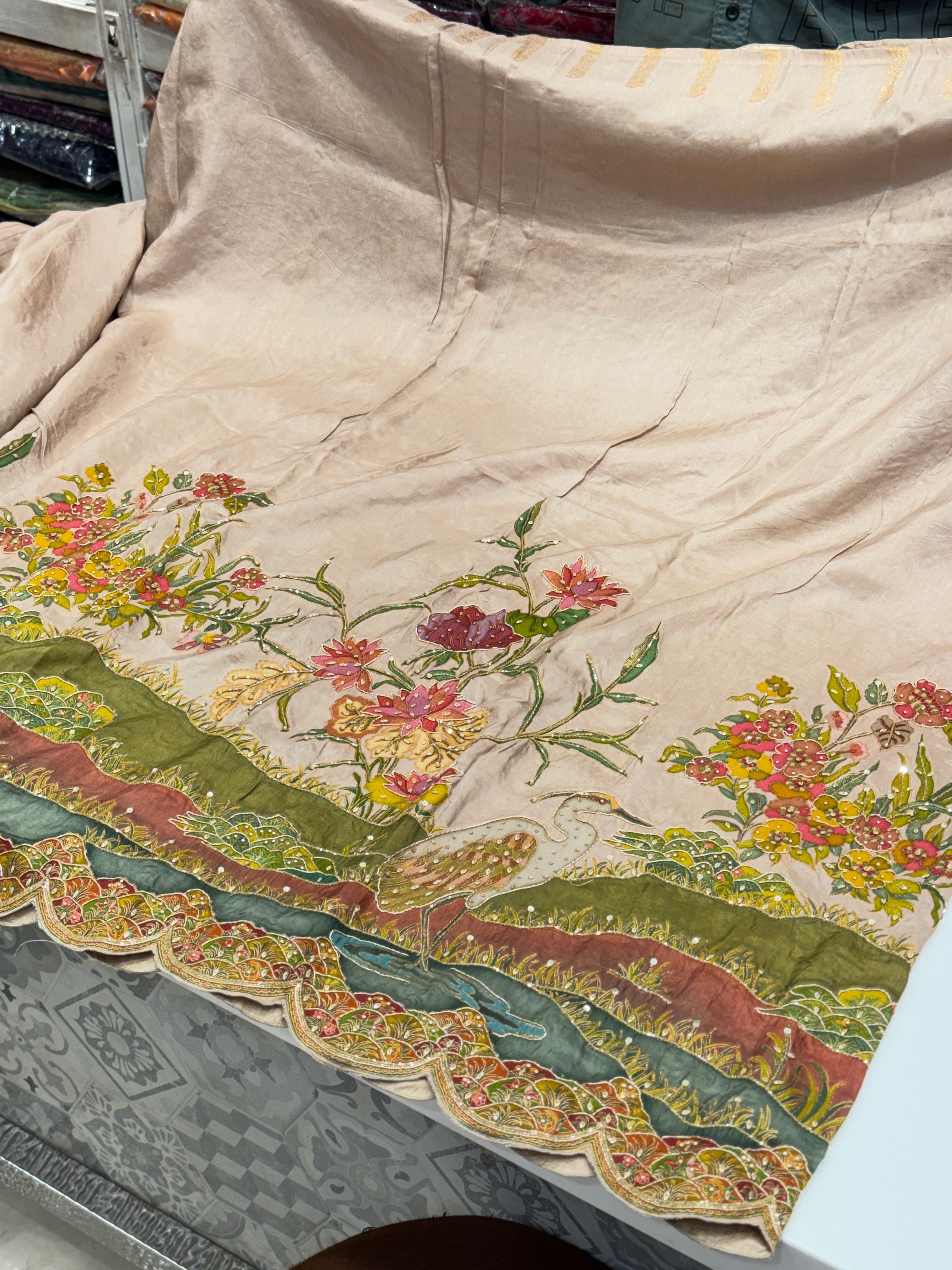 Nude Beige Landscape Hand Embroidery Saree