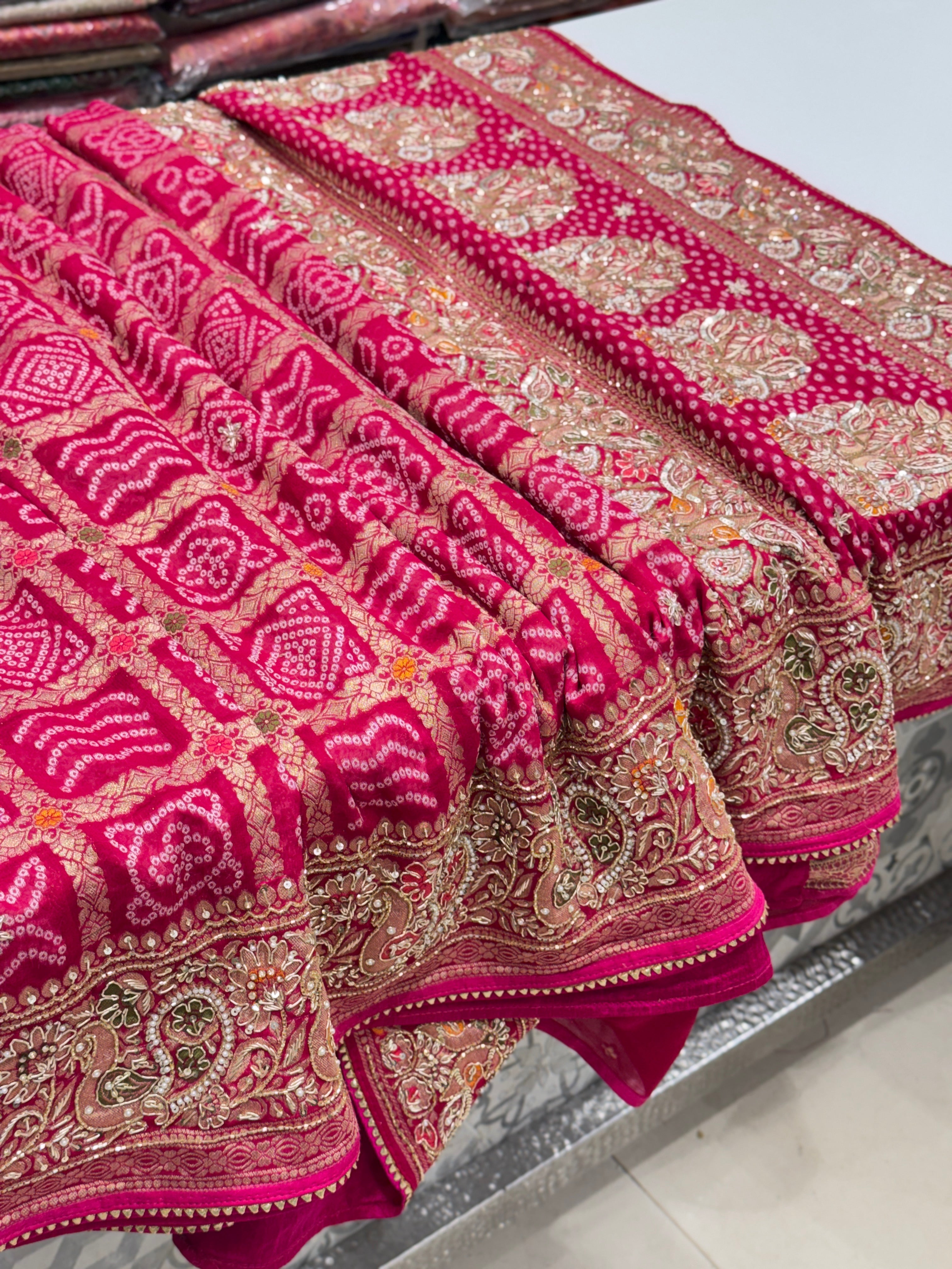Rani Gharchola Weaved Bandhej Georgette Zardosi Hand Embroidery Saree