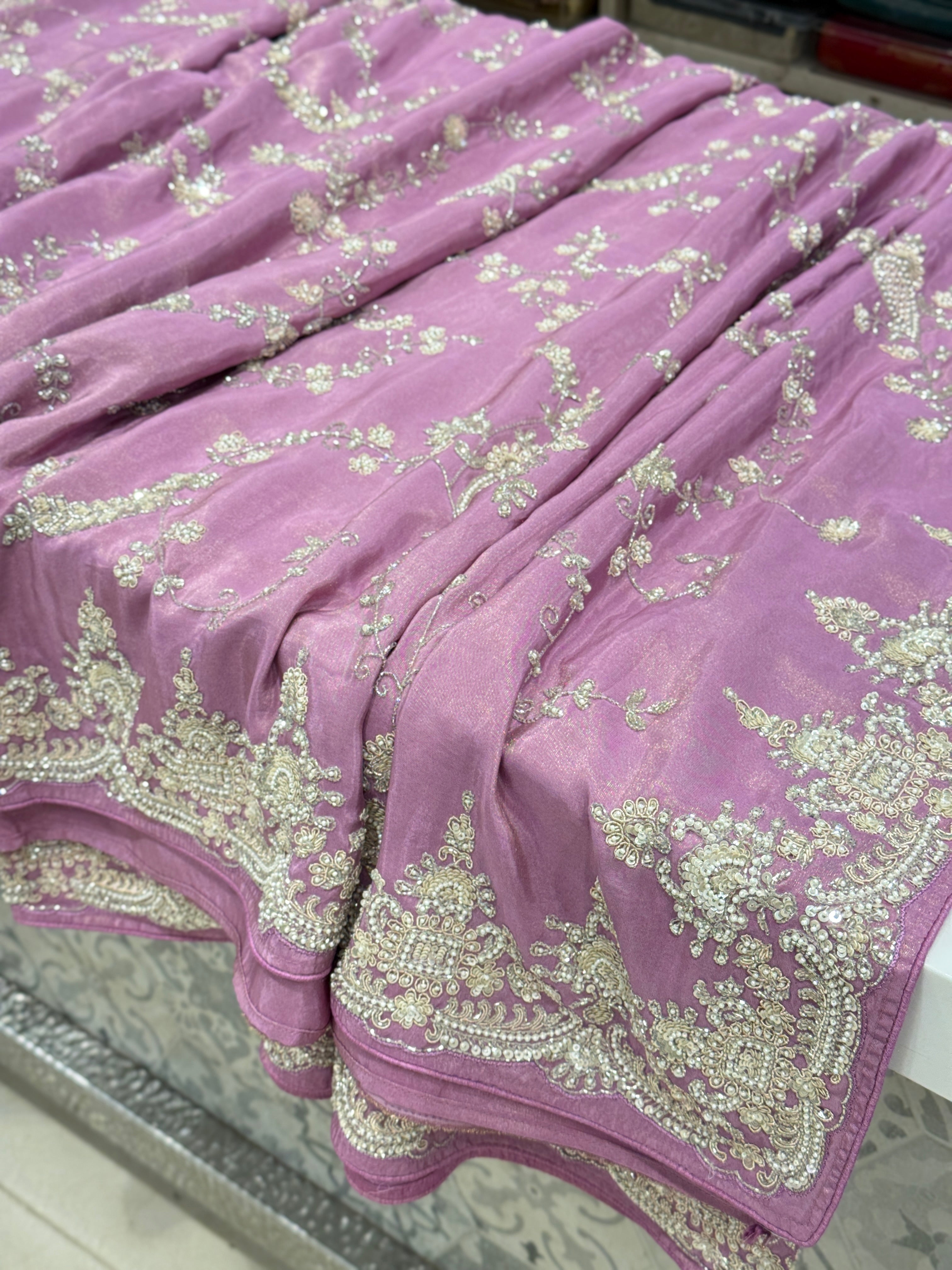 Lilac Crepe Tissue Cutana Moti Jaal Hand Embroidery Saree