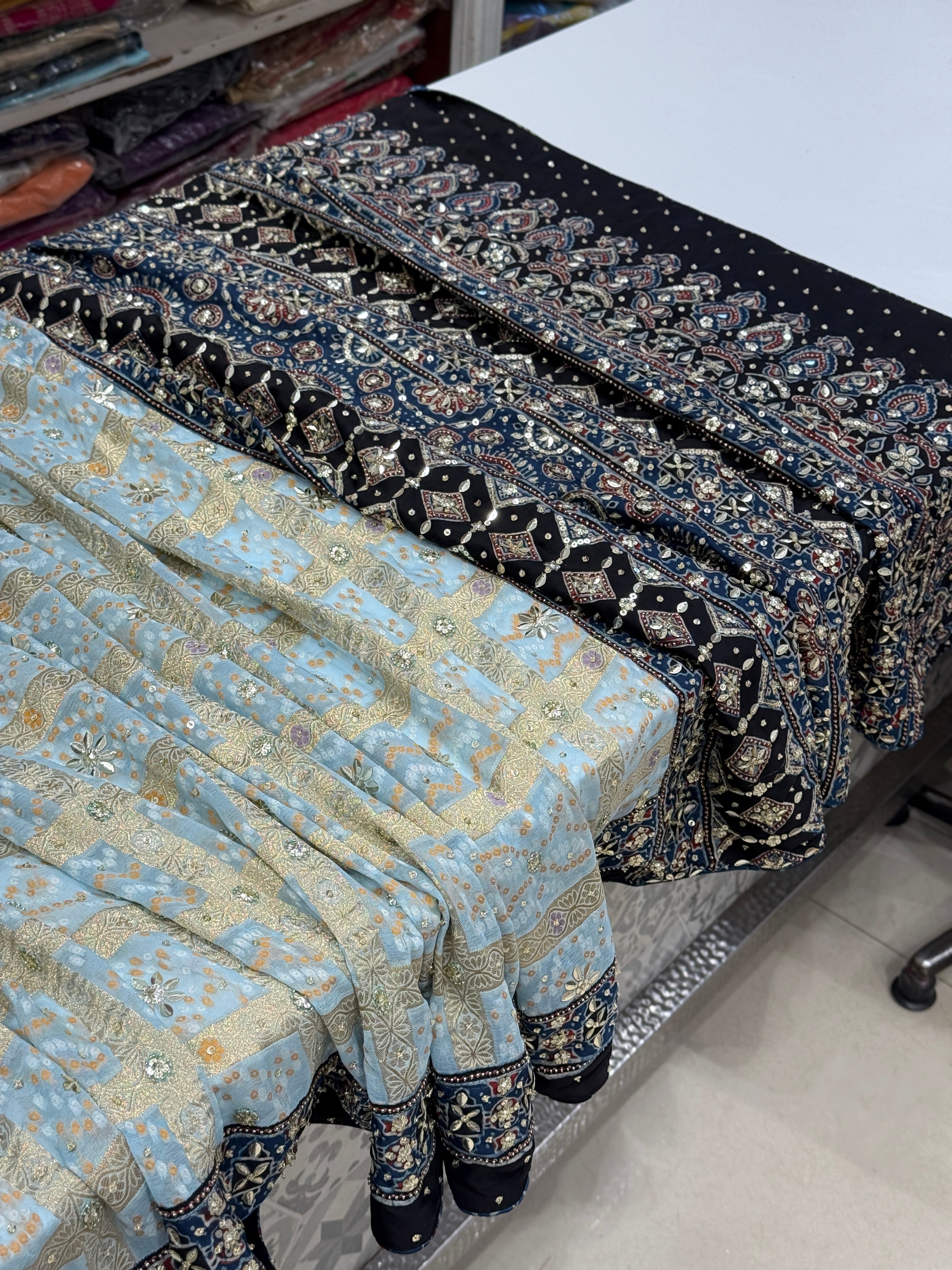 Light Blue Gharchola Ajrakh Hand Embroidery Saree