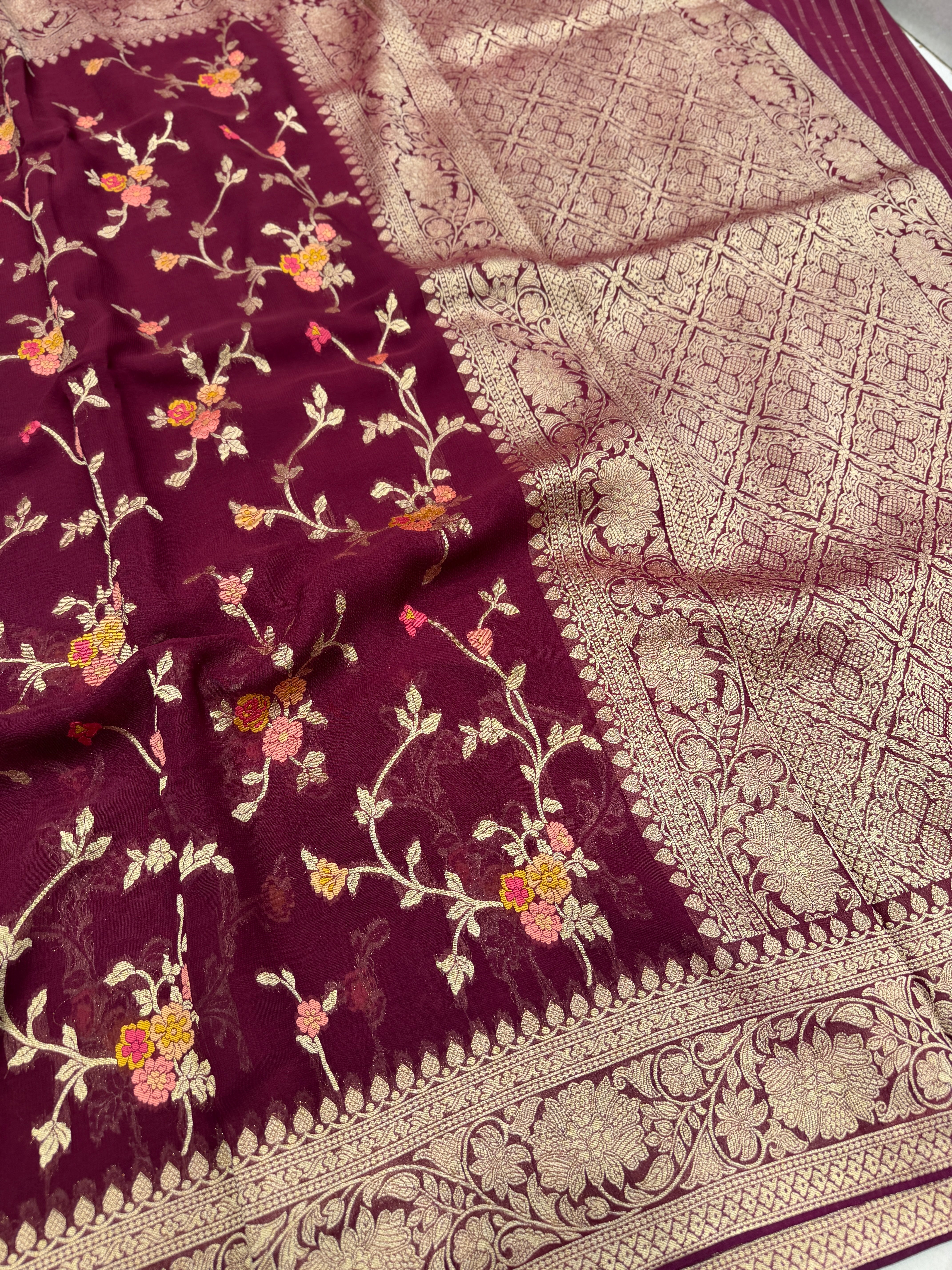 Wine Meenakari Banarasi Khaddi Georgette Jaal Saree
