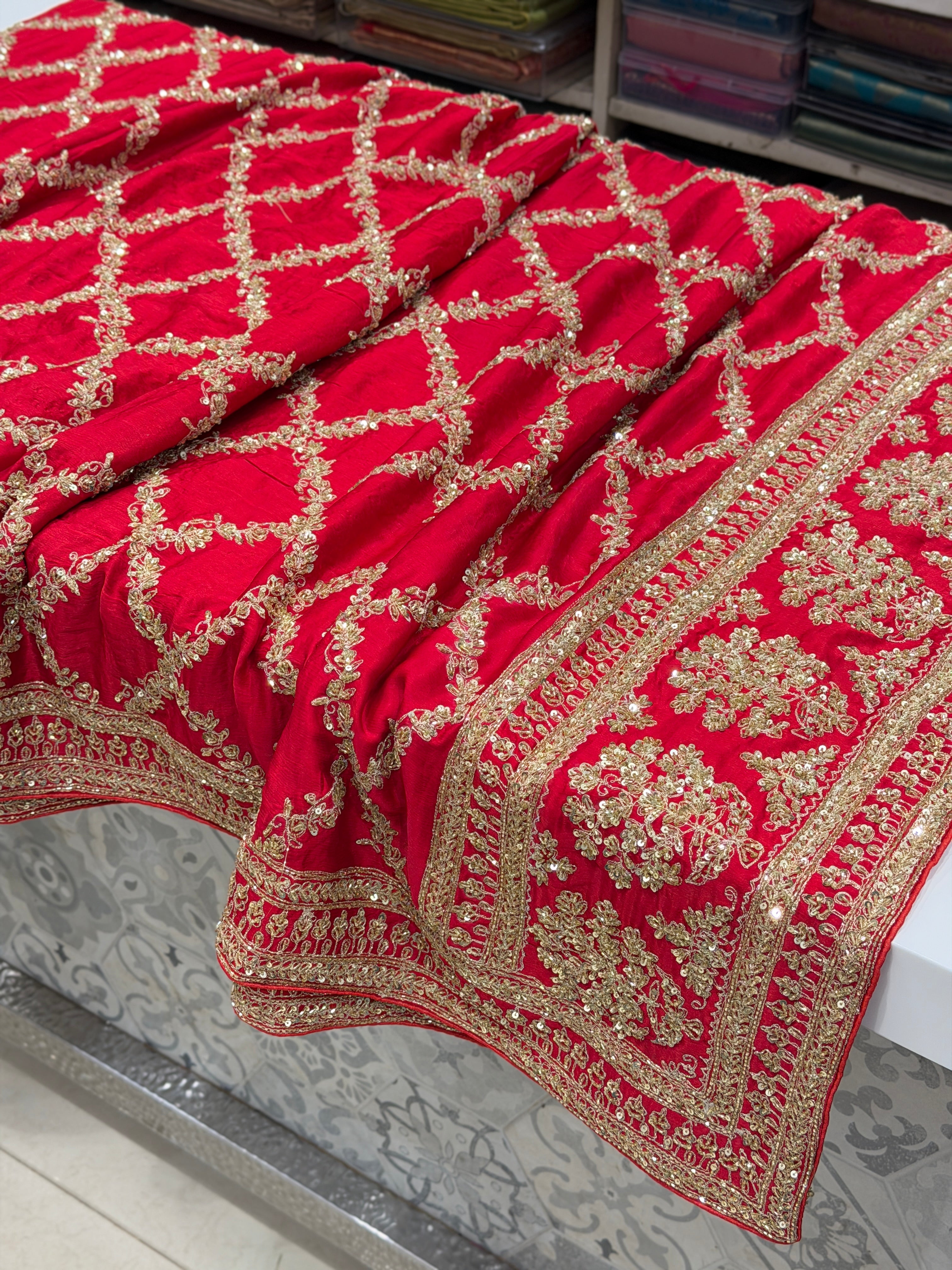 Red Crepe Satin Sabyasachi Inspired Zardosi Jaal Embroidery Saree