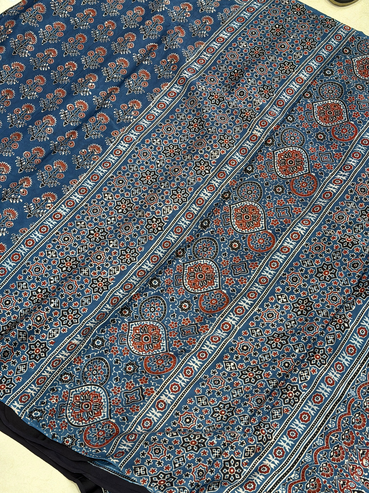 Blue Floral Butta Ajrakh Hand Block Print Pure Gajji Silk Saree