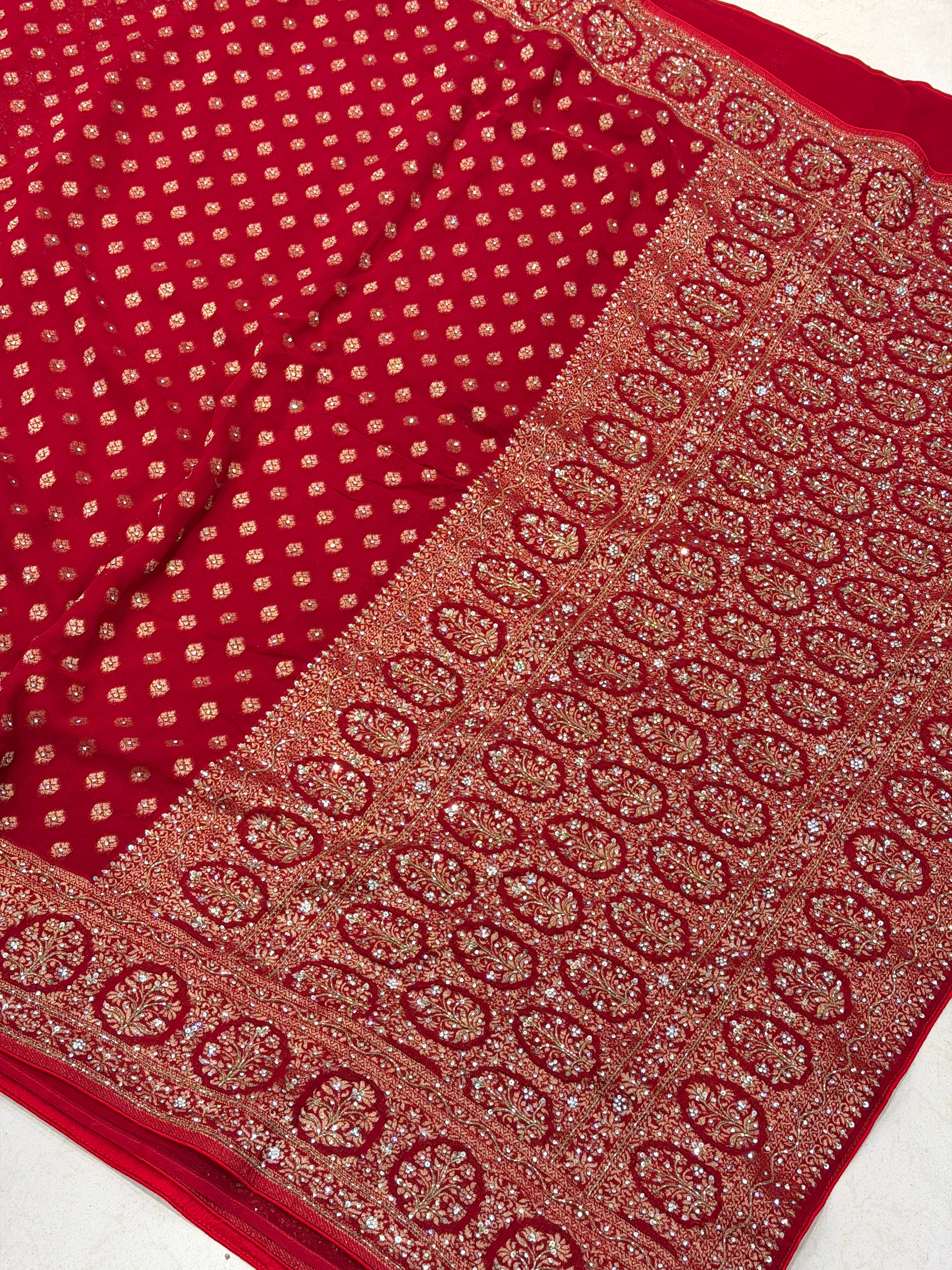 Red Banarasi Khaddi Georgette Butti Hand Embroidery Sequin Stone Saree