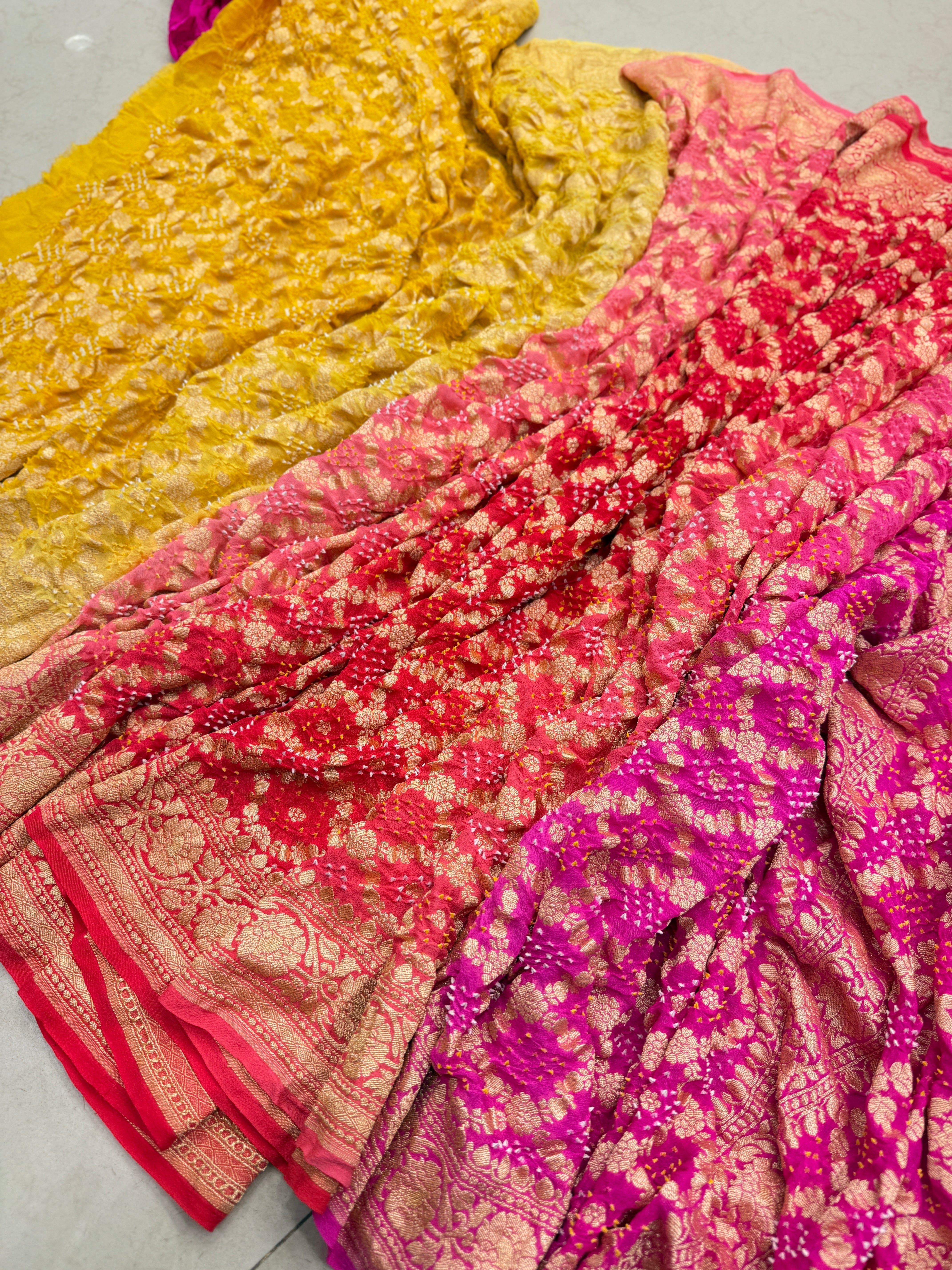 Six Shaded Butti Jaal Bandhej Bandhini Saree