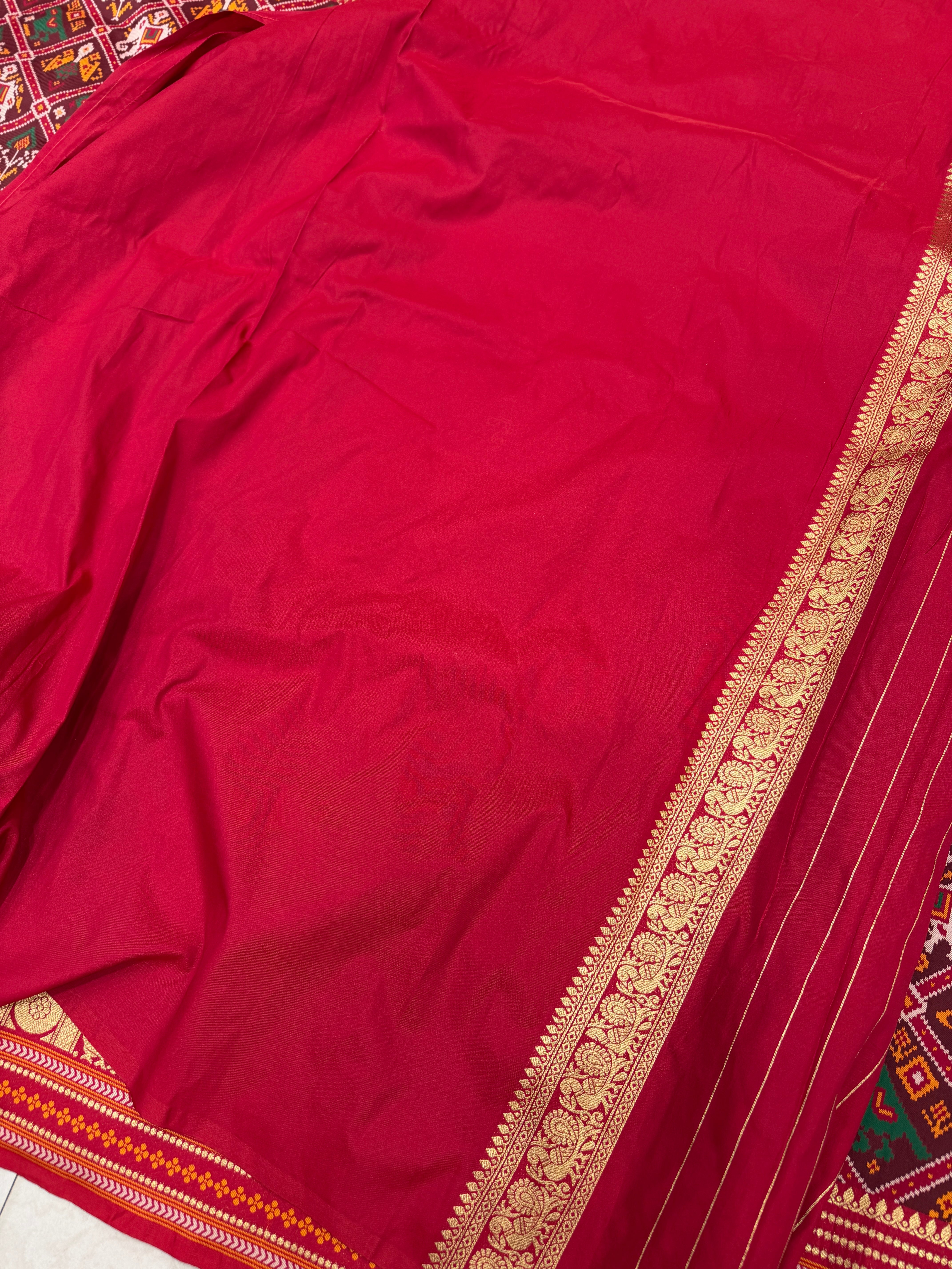 Red Checkered Kanchi Style Border Semi Silk Weaved Patan Patola Saree