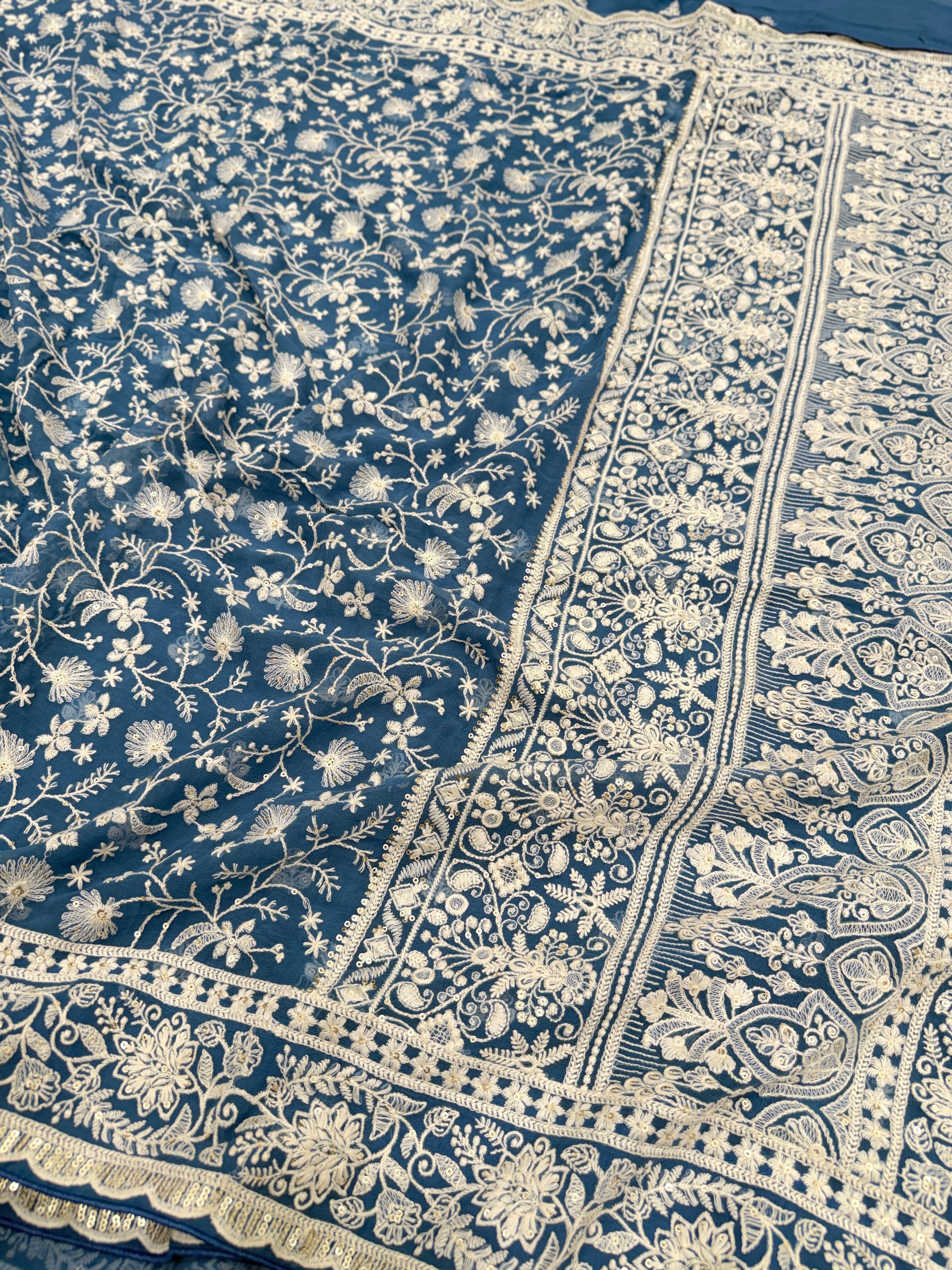 Blue Georgette Chikankari Resham Saree