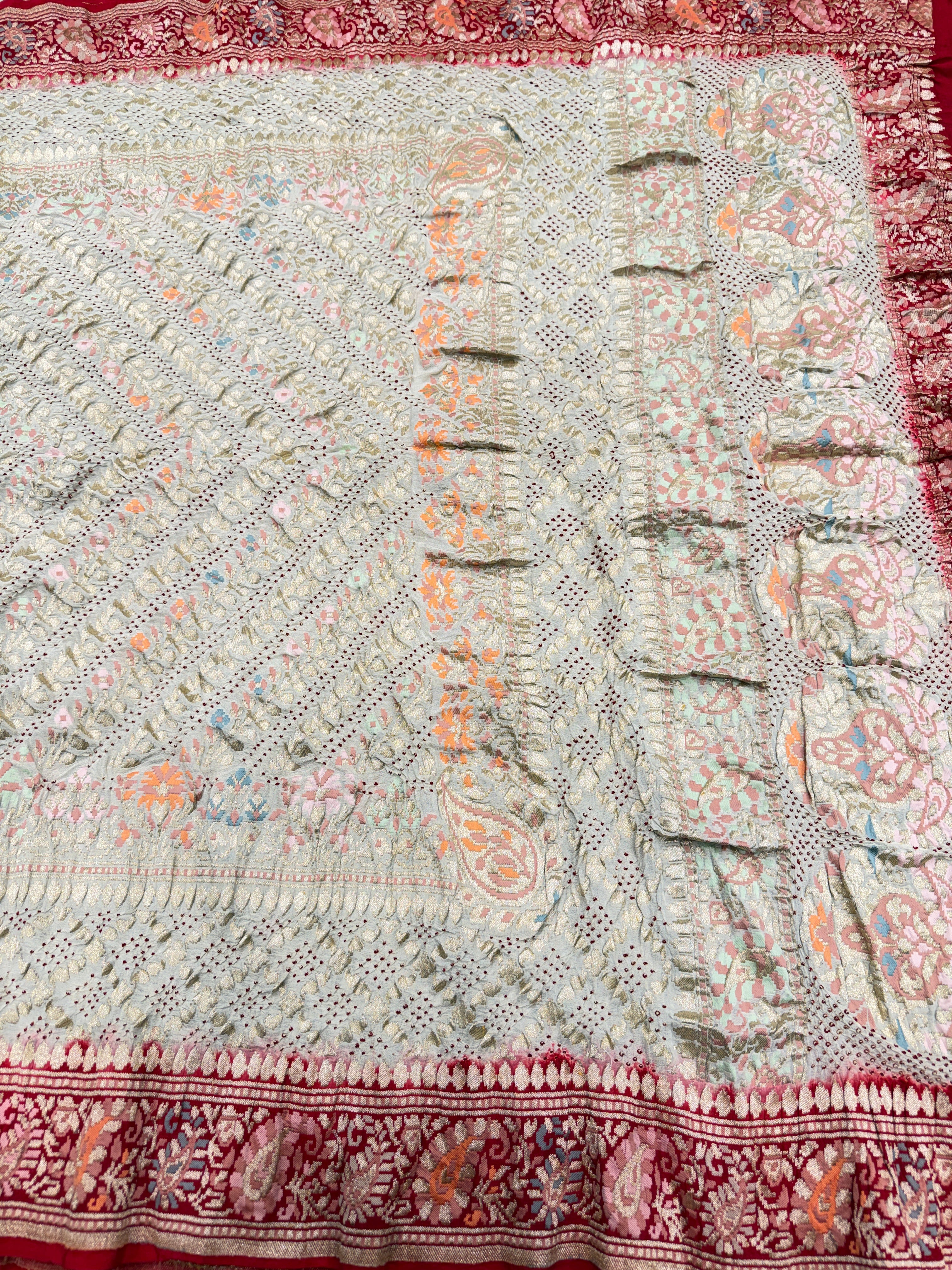 Beige Red Meenakari Rai Bandhej Pashmina Style Weave Saree